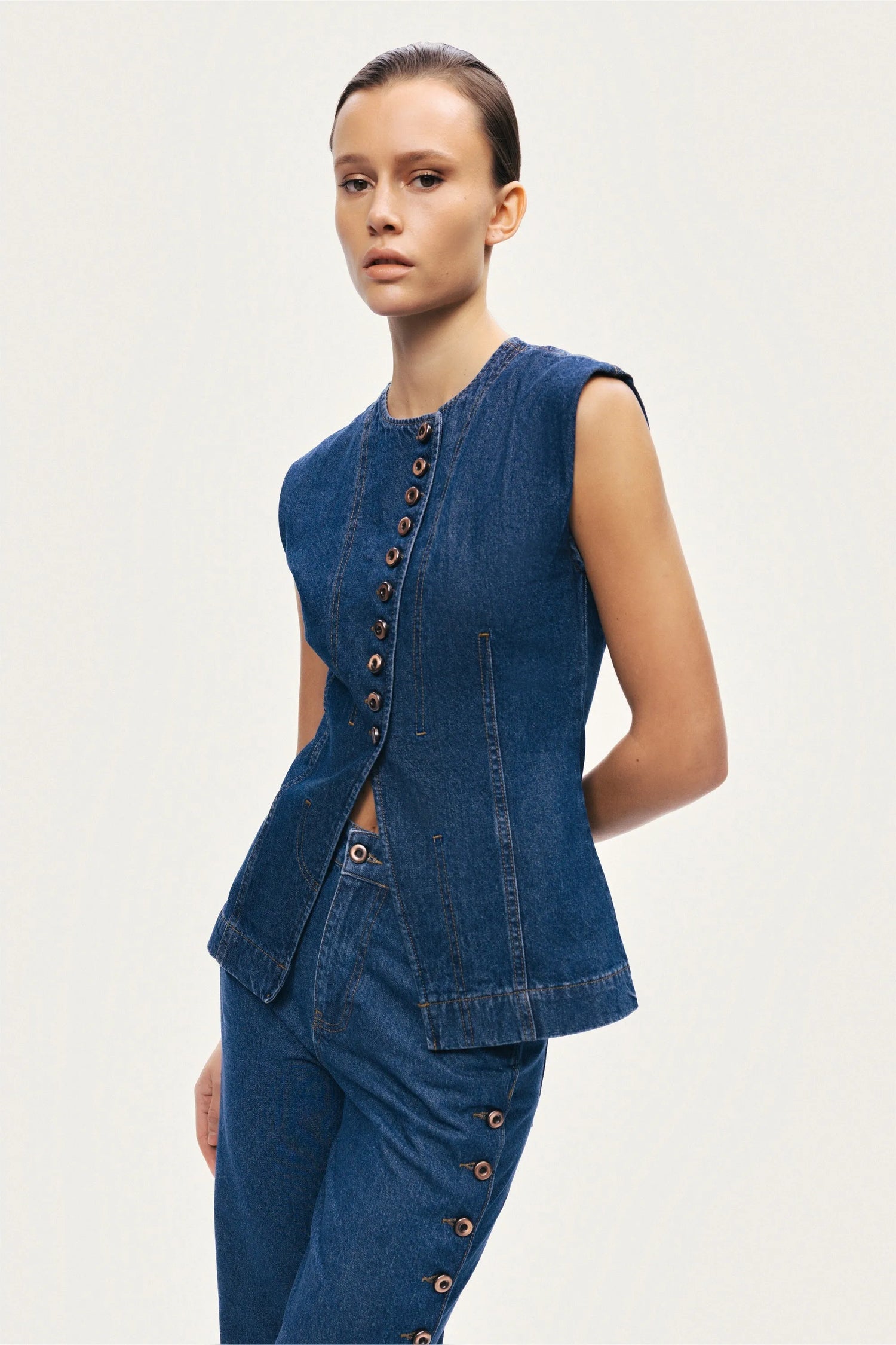 Nocturne Dark Blue Women Button-Front Denim Vest SKU: N26YD7080_0070 Image 05