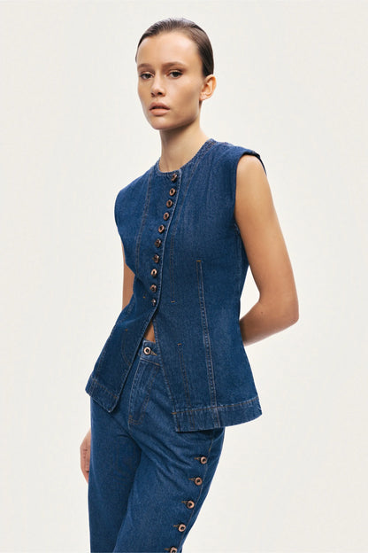 Nocturne Dark Blue Women Button-Front Denim Vest SKU: N26YD7080_0070 Image 05
