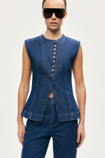 Nocturne Dark Blue Women Button-Front Denim Vest SKU: N26YD7080_0070 Image 06