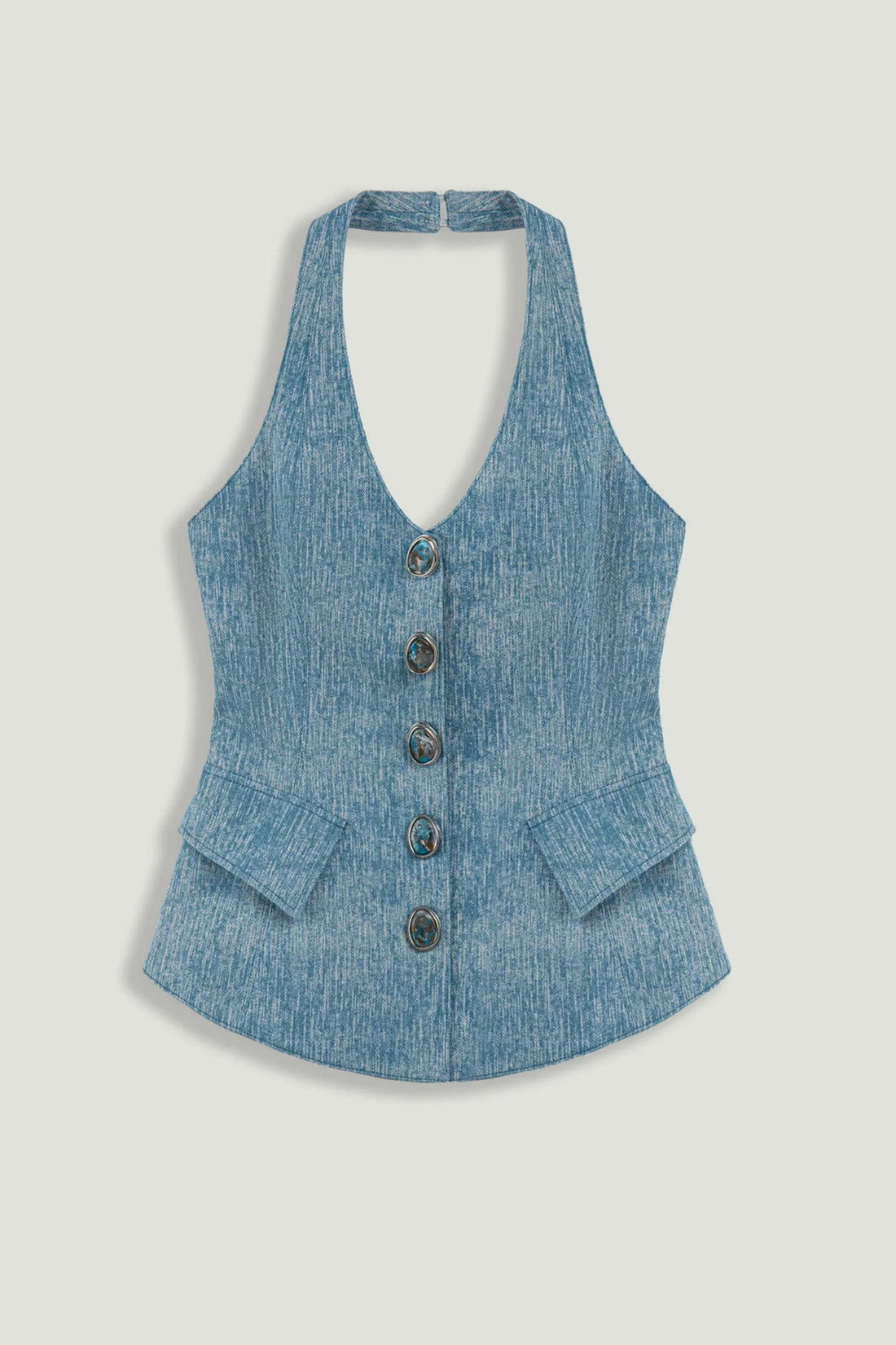 Nocturne Blue Women Blue Denim Halterneck Peplum Bustier Top SKU: N26YN19022_0011 Image 01