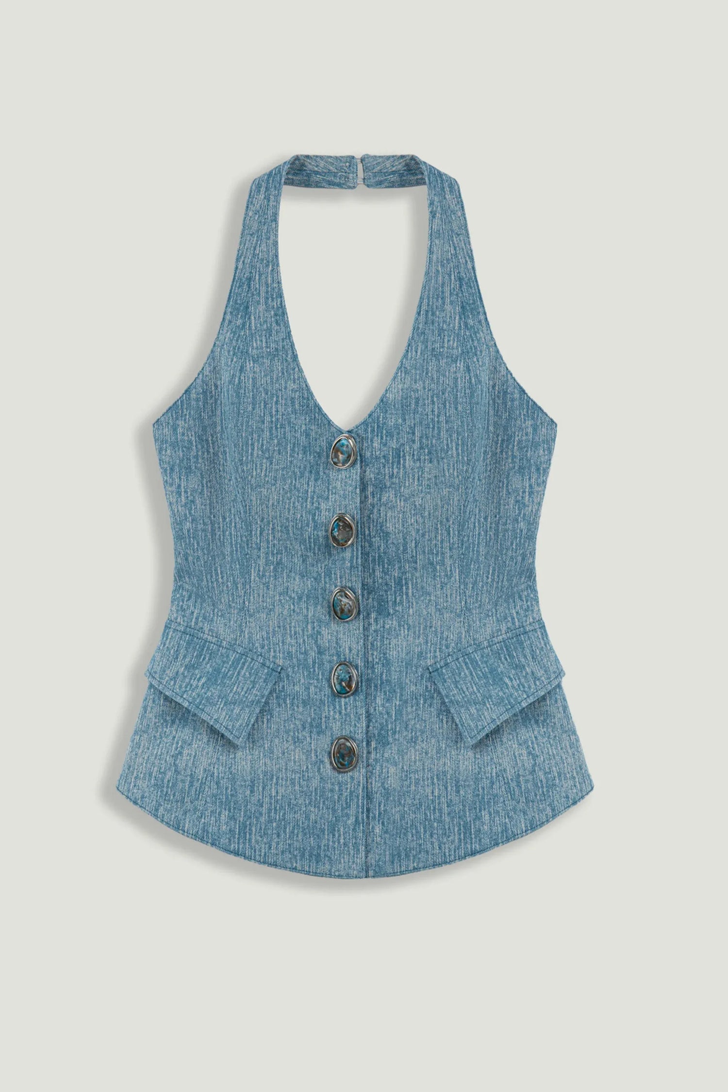 Nocturne Blue Women Blue Denim Halterneck Peplum Bustier Top SKU: N26YN19022_0011 Image 01