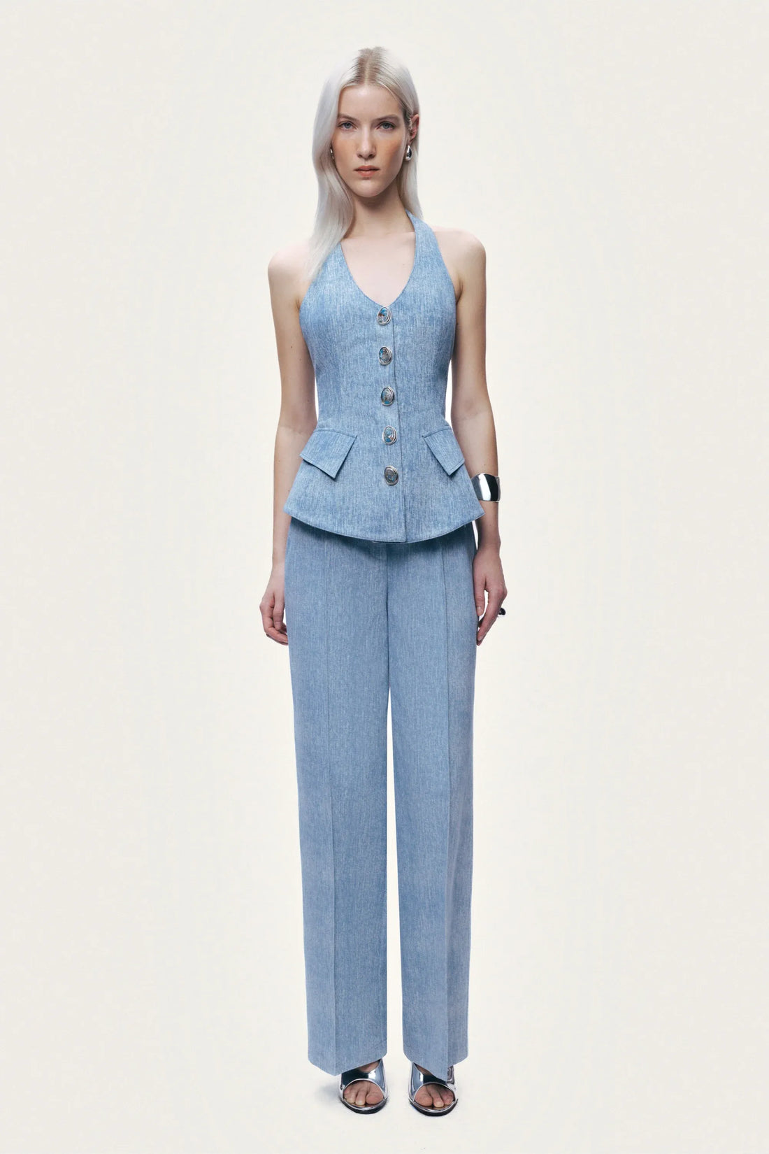 Nocturne Blue Women Blue Denim Halterneck Peplum Bustier Top SKU: N26YN19022_0011 Image 02