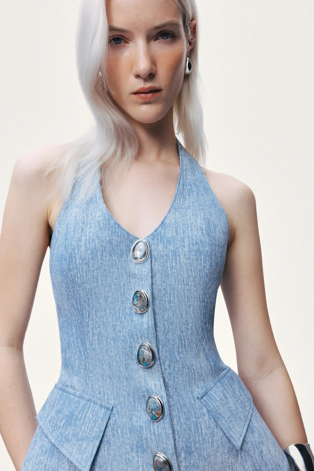 Nocturne Blue Women Blue Denim Halterneck Peplum Bustier Top SKU: N26YN19022_0011 Image 04