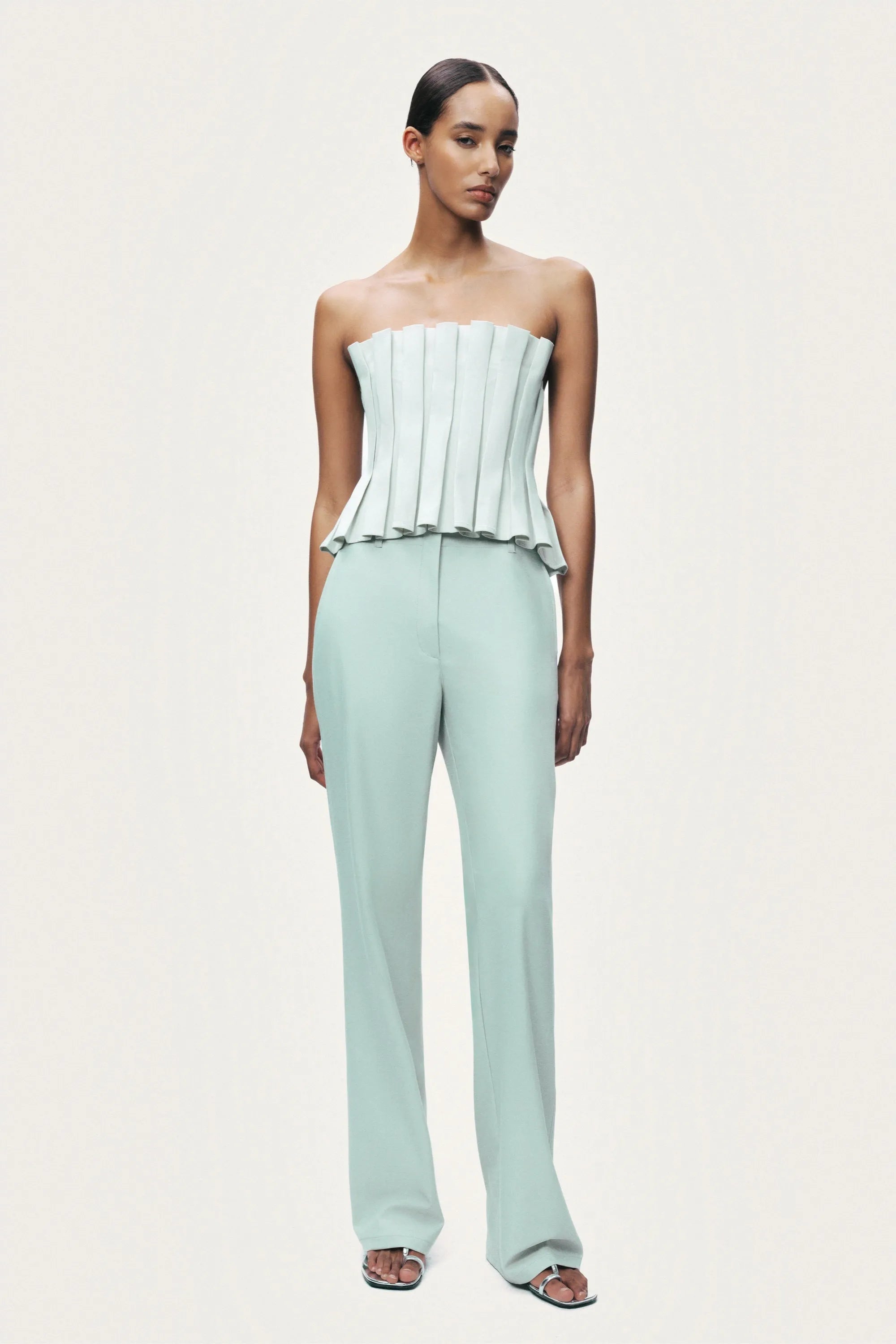 Nocturne Mint Green Women Mint Pleated Strapless Corset Bustier Top SKU: N26YN19024_0037 Image 02