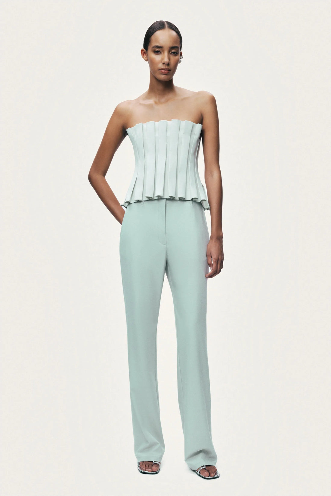 Nocturne Mint Green Women Mint Pleated Strapless Corset Bustier Top SKU: N26YN19024_0037 Image 03