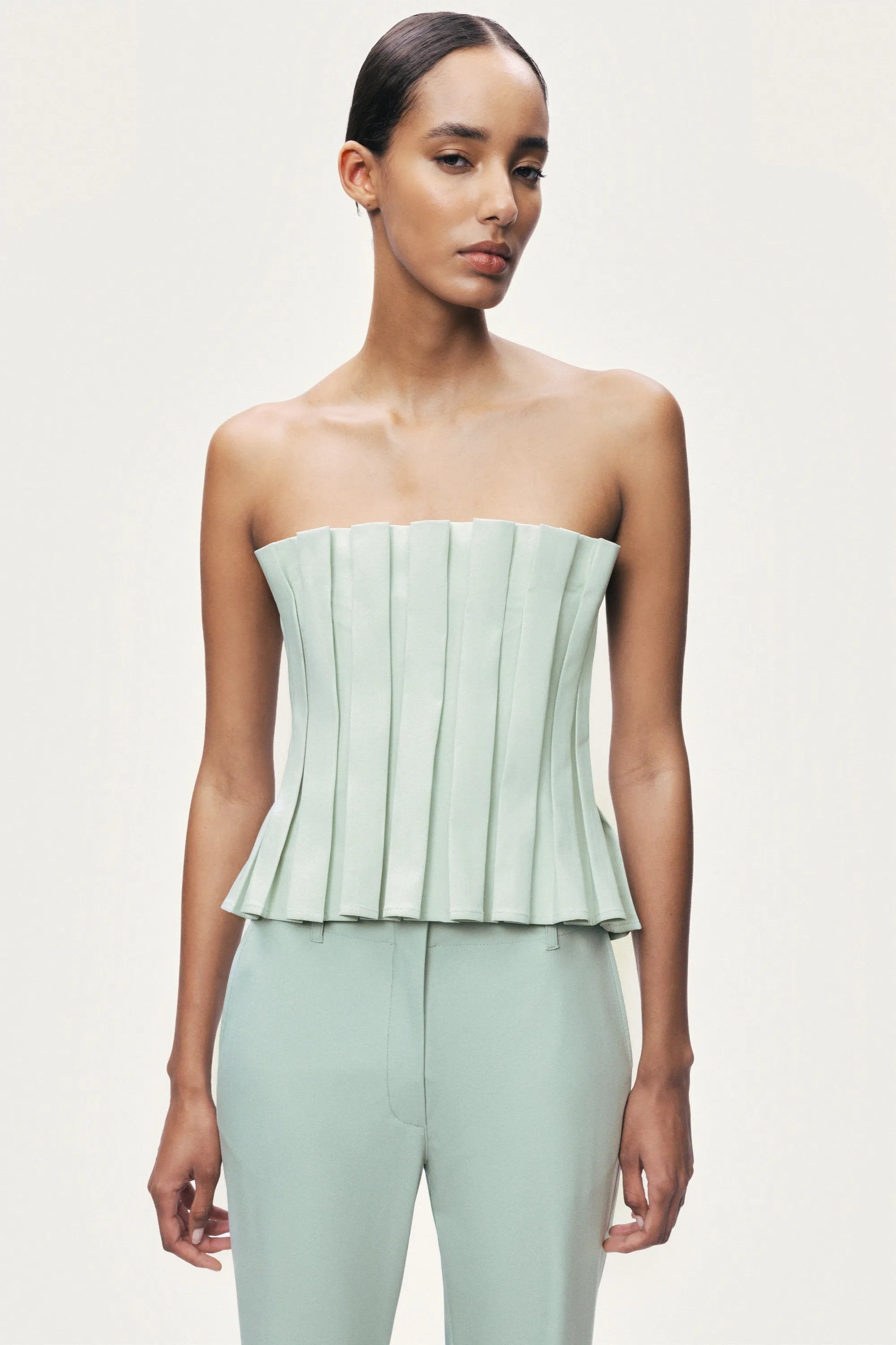 Nocturne Mint Green Women Mint Pleated Strapless Corset Bustier Top SKU: N26YN19024_0037 Image 04