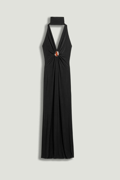 Nocturne Black Women Halter-Neck Draped Maxi Dress SKU: N26YN2738_0002 Image 01