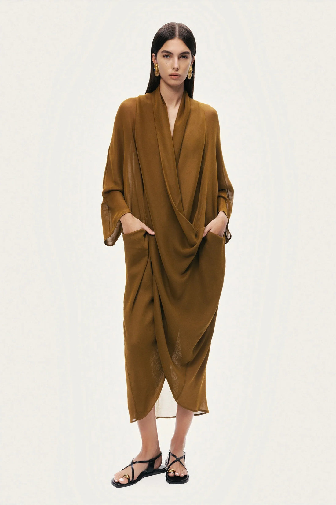 Nocturne Camel Women Draped V-Neck Midi Dress SKU: N26YN2740_0053 Image 02