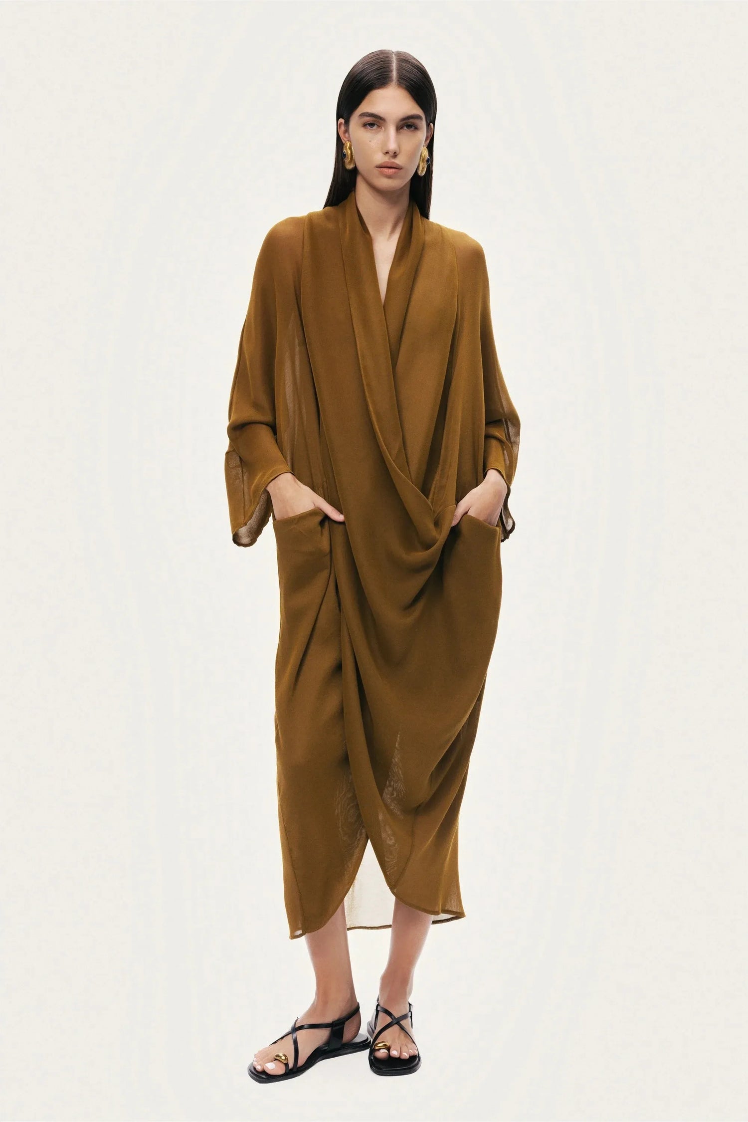 Nocturne Camel Women Draped V-Neck Midi Dress SKU: N26YN2740_0053 Image 02