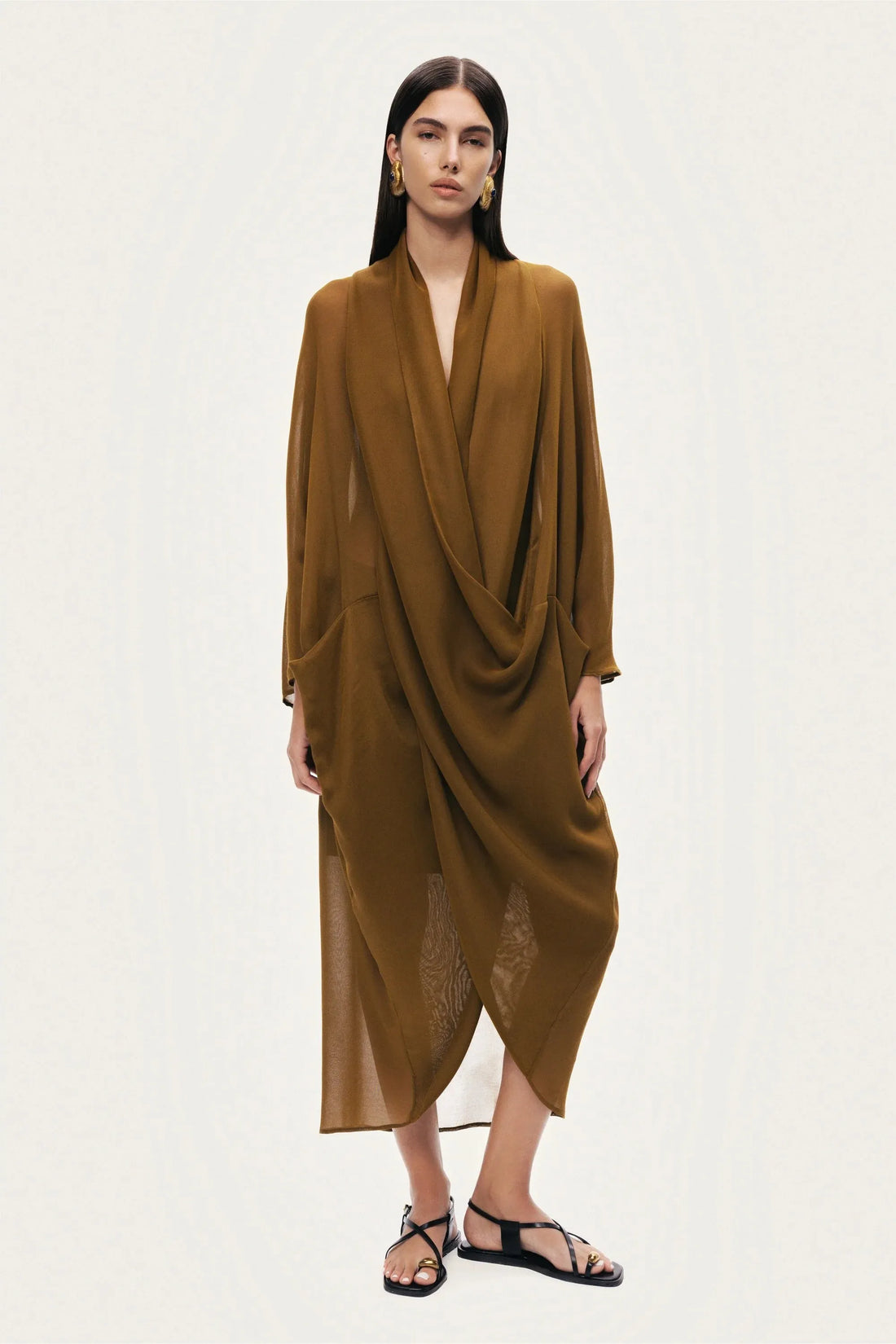 Nocturne Camel Women Draped V-Neck Midi Dress SKU: N26YN2740_0053 Image 03