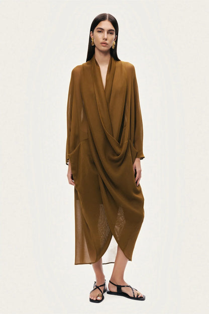 Nocturne Camel Women Draped V-Neck Midi Dress SKU: N26YN2740_0053 Image 03