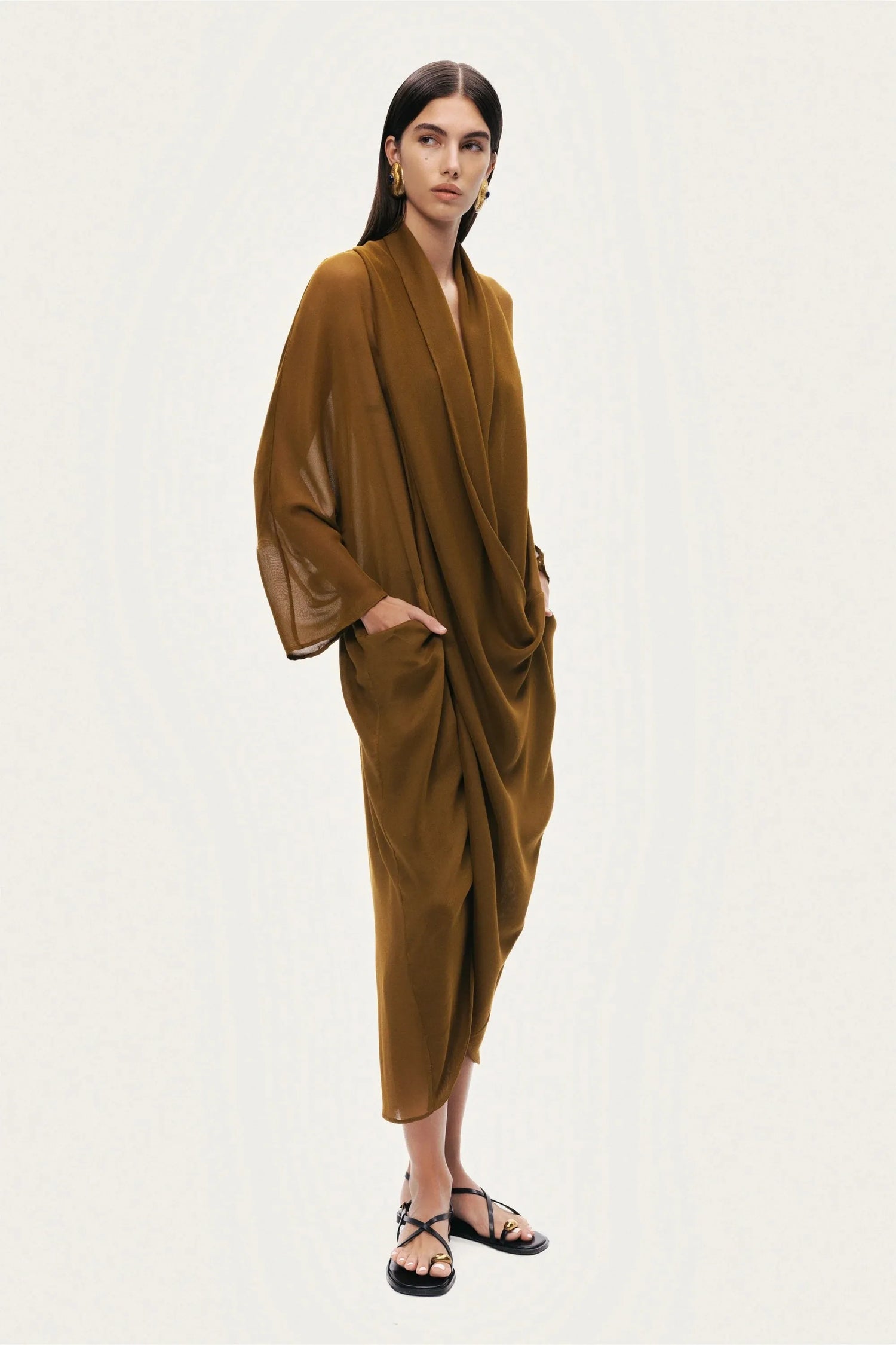 Nocturne Camel Women Draped V-Neck Midi Dress SKU: N26YN2740_0053 Image 05