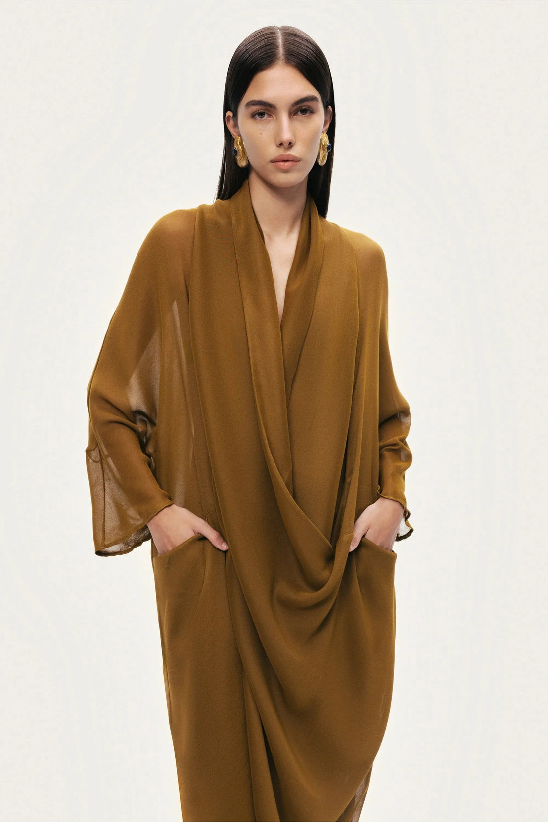 Nocturne Camel Women Draped V-Neck Midi Dress SKU: N26YN2740_0053 Image 06
