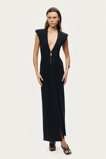 Nocturne Black Women Ruched Deep V-Neck Maxi Dress SKU: N26YN2743_0002 Image 02