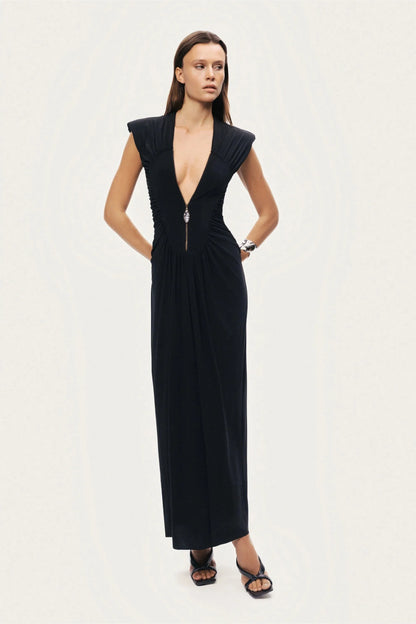 Nocturne Black Women Ruched Deep V-Neck Maxi Dress SKU: N26YN2743_0002 Image 03