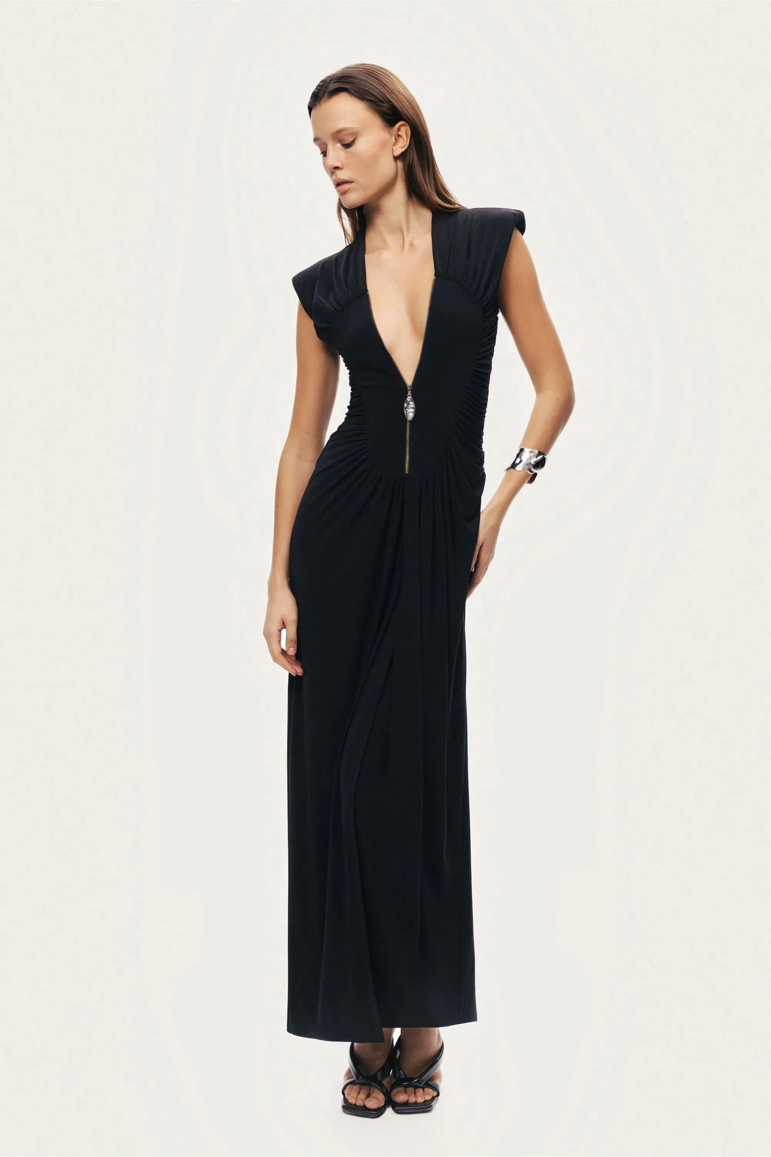 Nocturne Black Women Ruched Deep V-Neck Maxi Dress SKU: N26YN2743_0002 Image 05