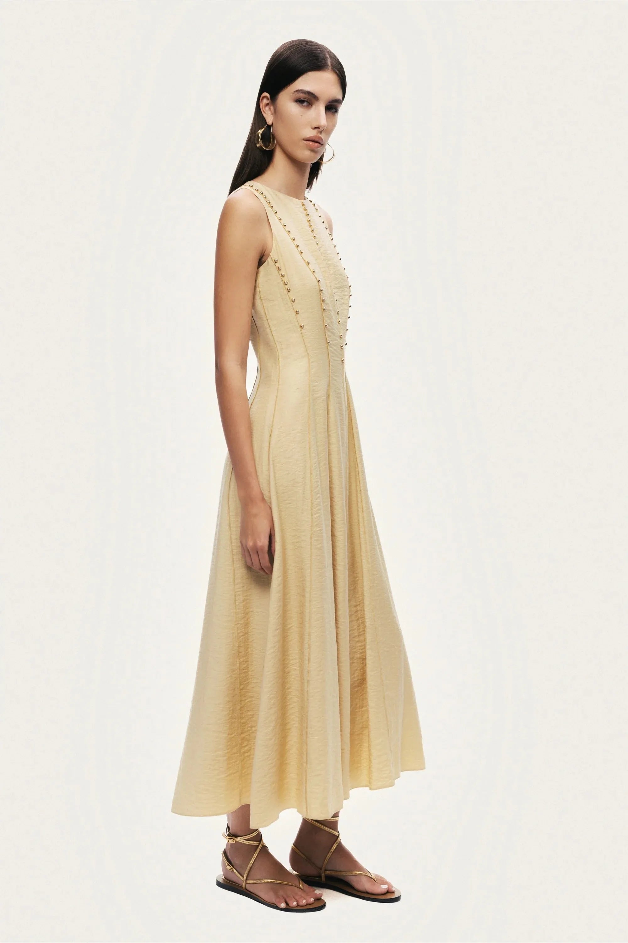 Nocturne Yellow Women Sleeveless Textured Midi Dress SKU: N26YN2760_0013 Image 03