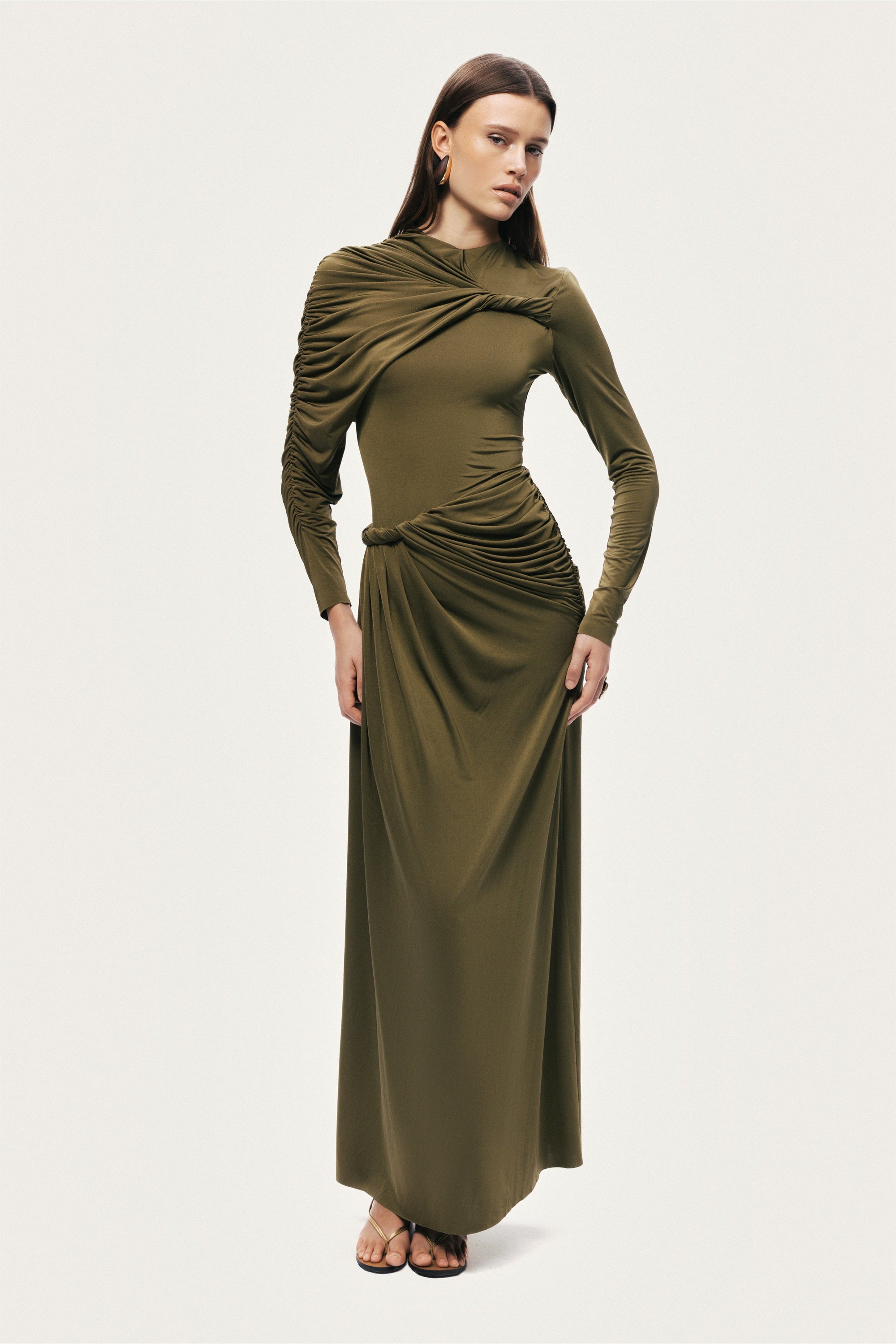 Nocturne Khaki Women Draped Long Sleeve Maxi Dress SKU: N26YN2768_0010 Image 05
