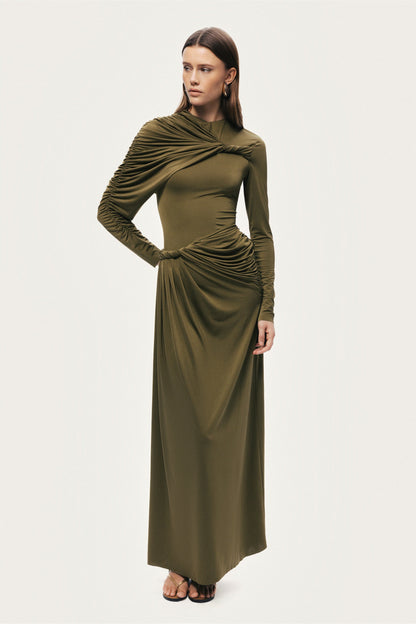 Nocturne Khaki Women Draped Long Sleeve Maxi Dress SKU: N26YN2768_0010 Image 06