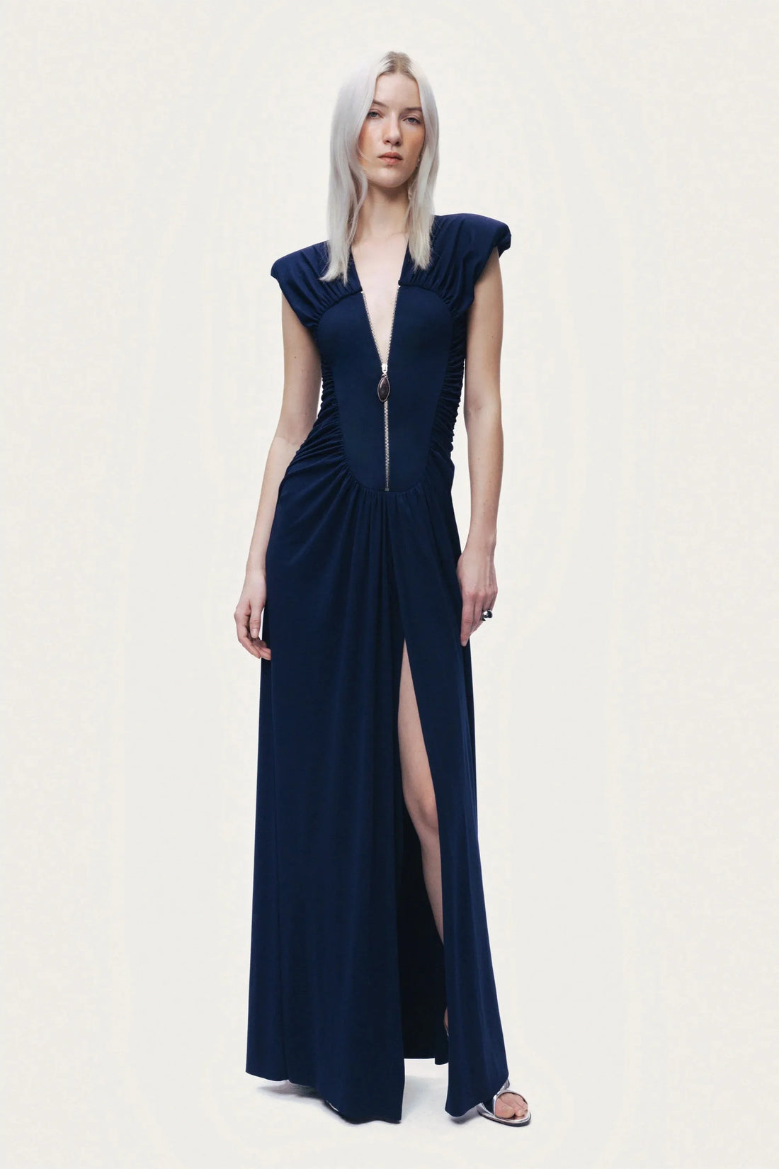 Nocturne Navy Women Zip-Front Draped Maxi Dress SKU: N26YN2773_0009 Image 02