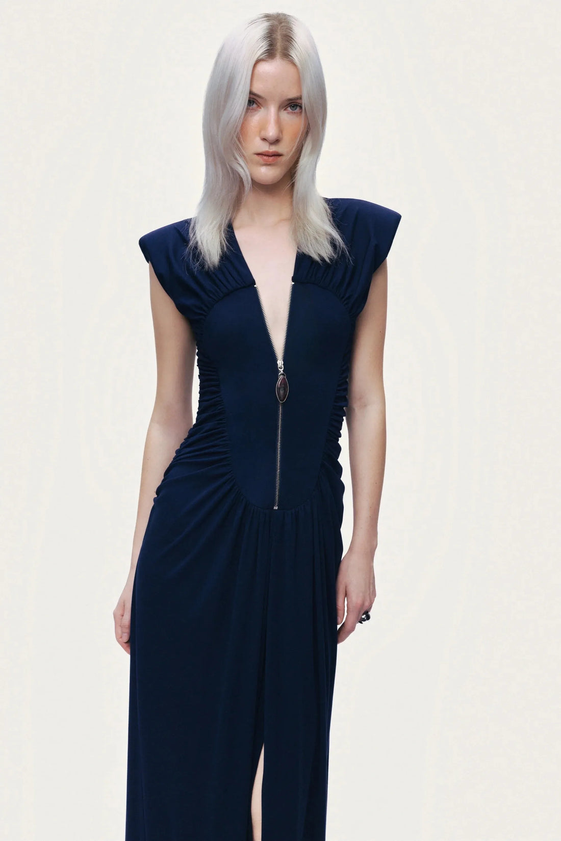 Nocturne Navy Women Zip-Front Draped Maxi Dress SKU: N26YN2773_0009 Image 03