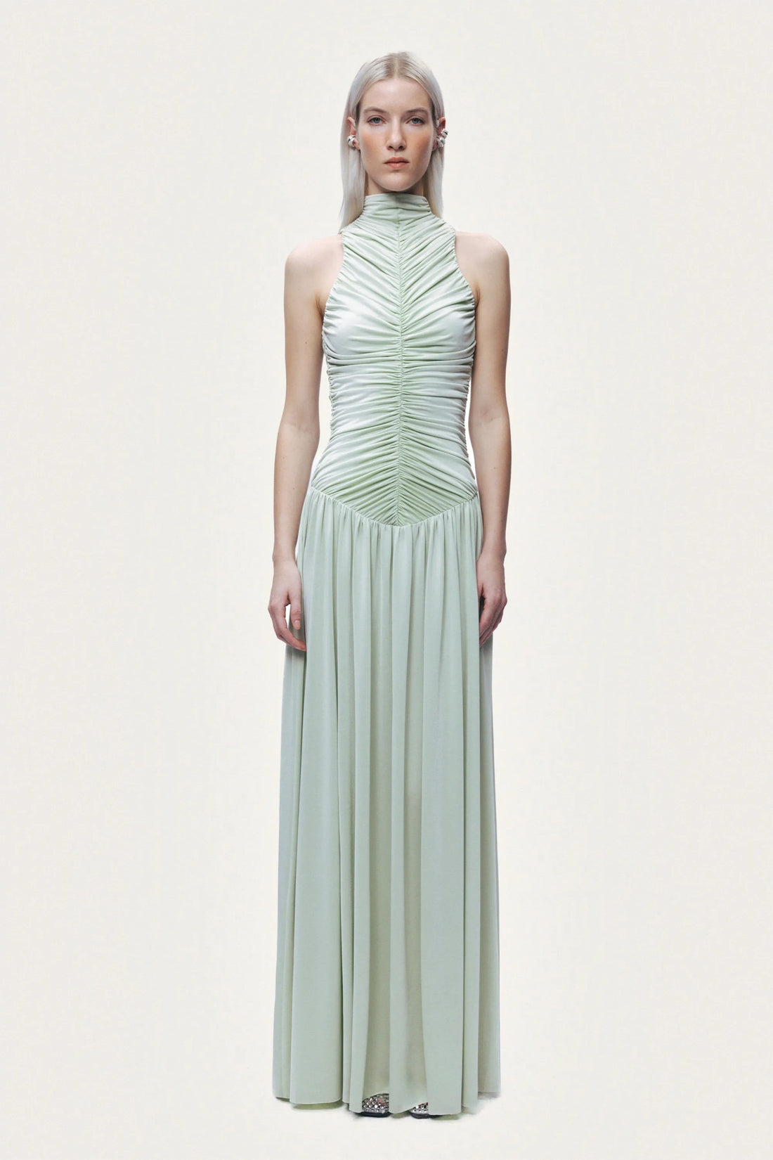 Nocturne Mint Green Women Draped High-Neck Maxi Dress SKU: N26YN2775_0037 Image 02