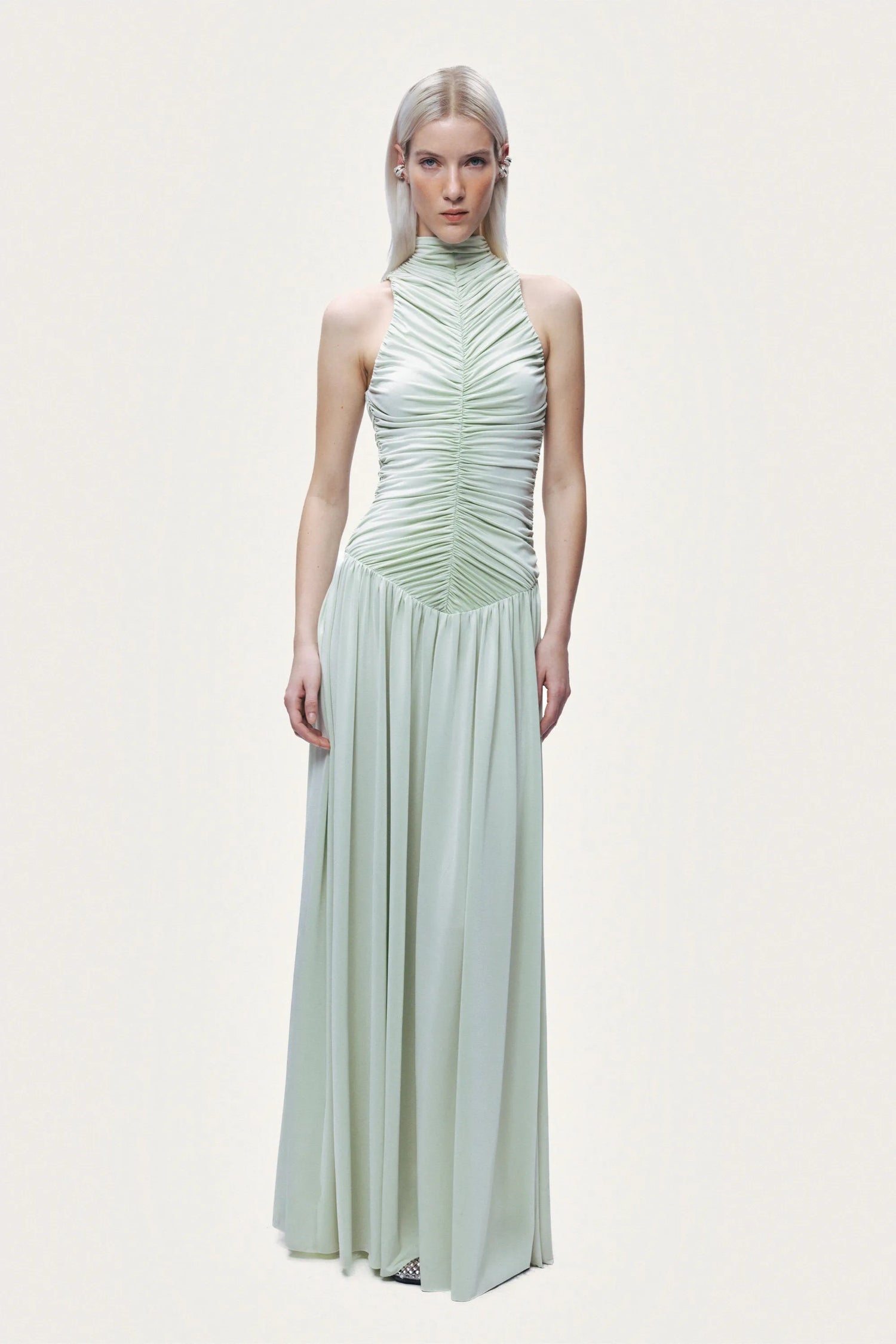 Nocturne Mint Green Women Draped High-Neck Maxi Dress SKU: N26YN2775_0037 Image 03