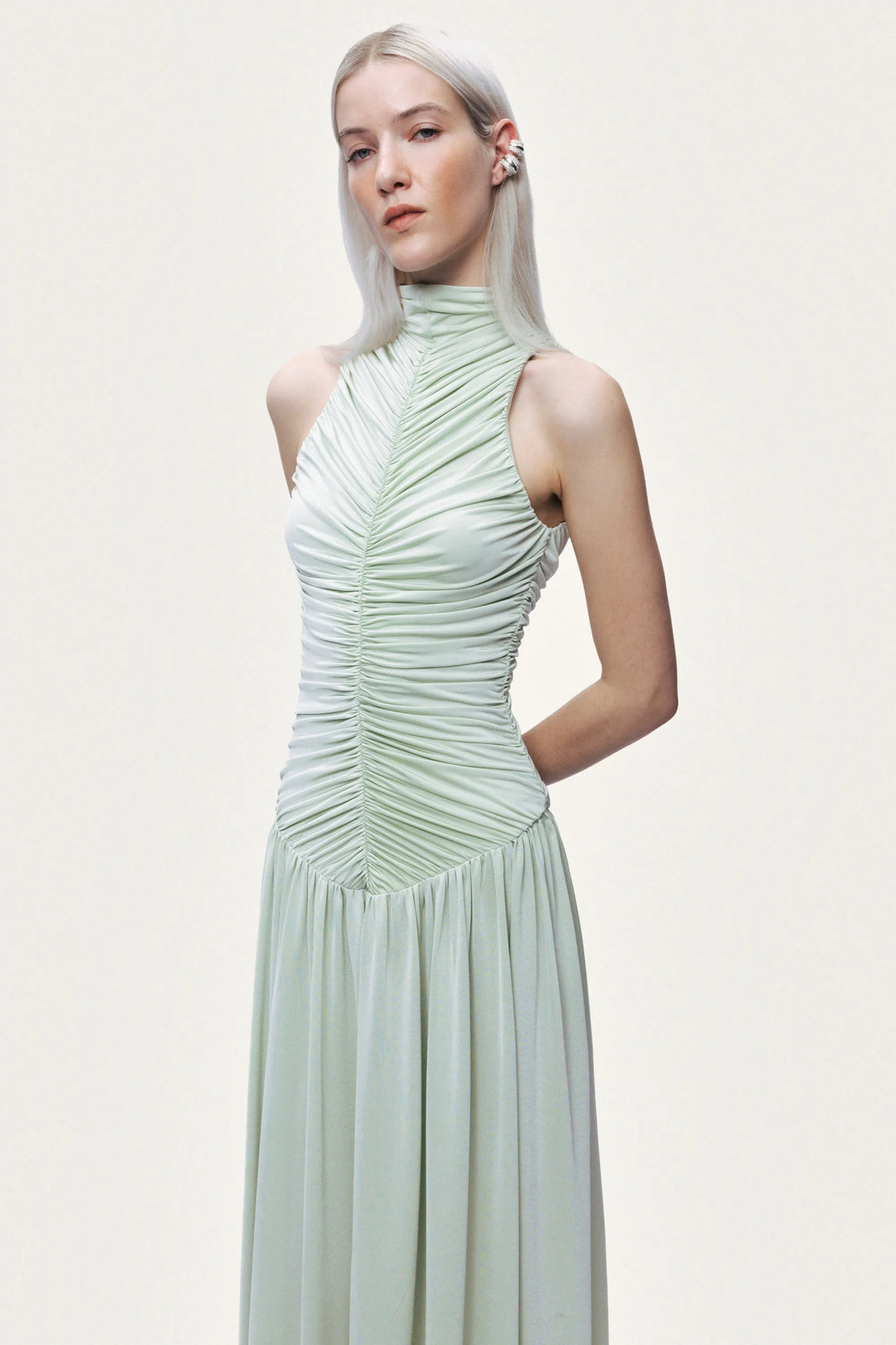 Nocturne Mint Green Women Draped High-Neck Maxi Dress SKU: N26YN2775_0037 Image 04
