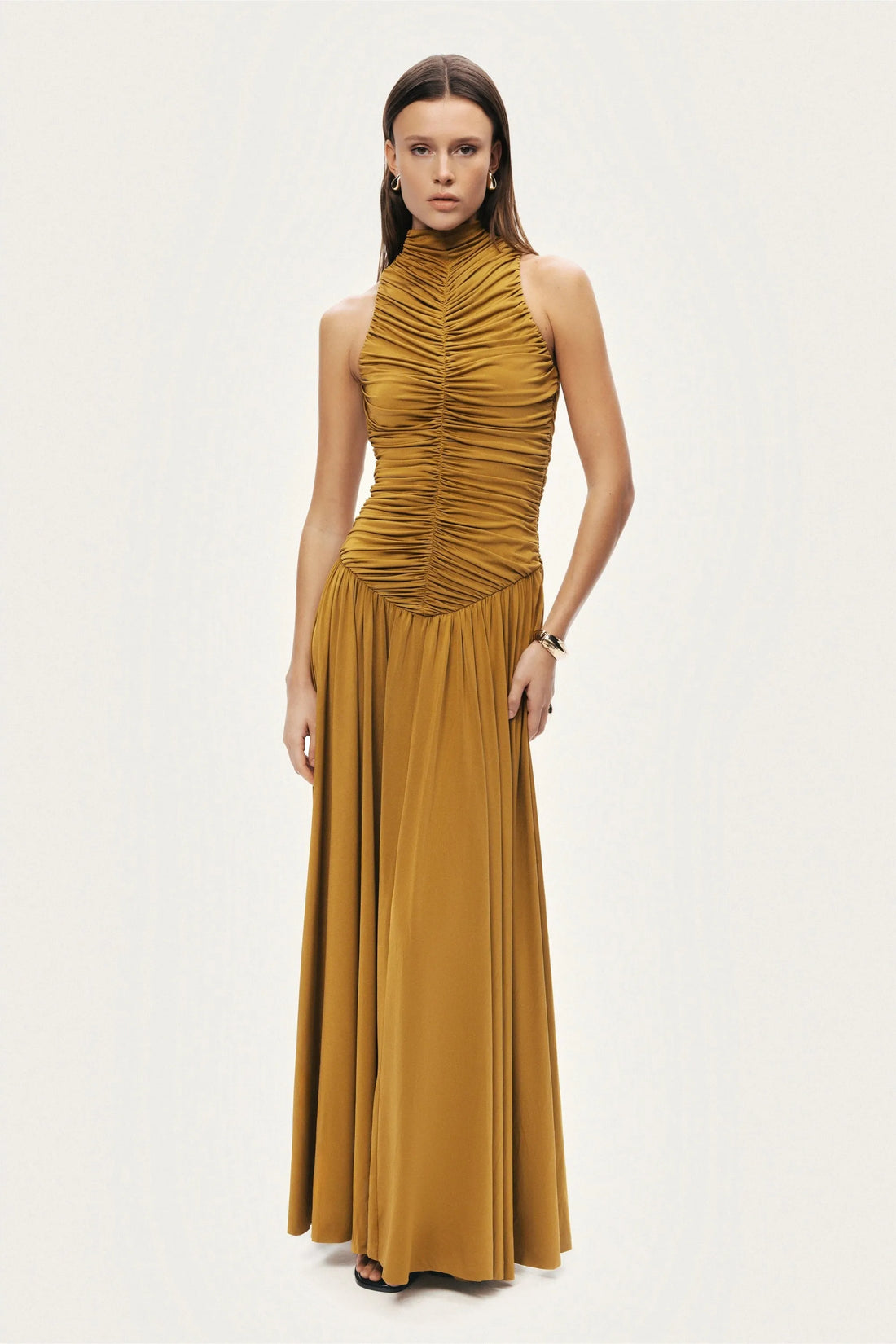 Nocturne Tan Women Ruched High-Neck Maxi Dress SKU: N26YN2775_0058 Image 02