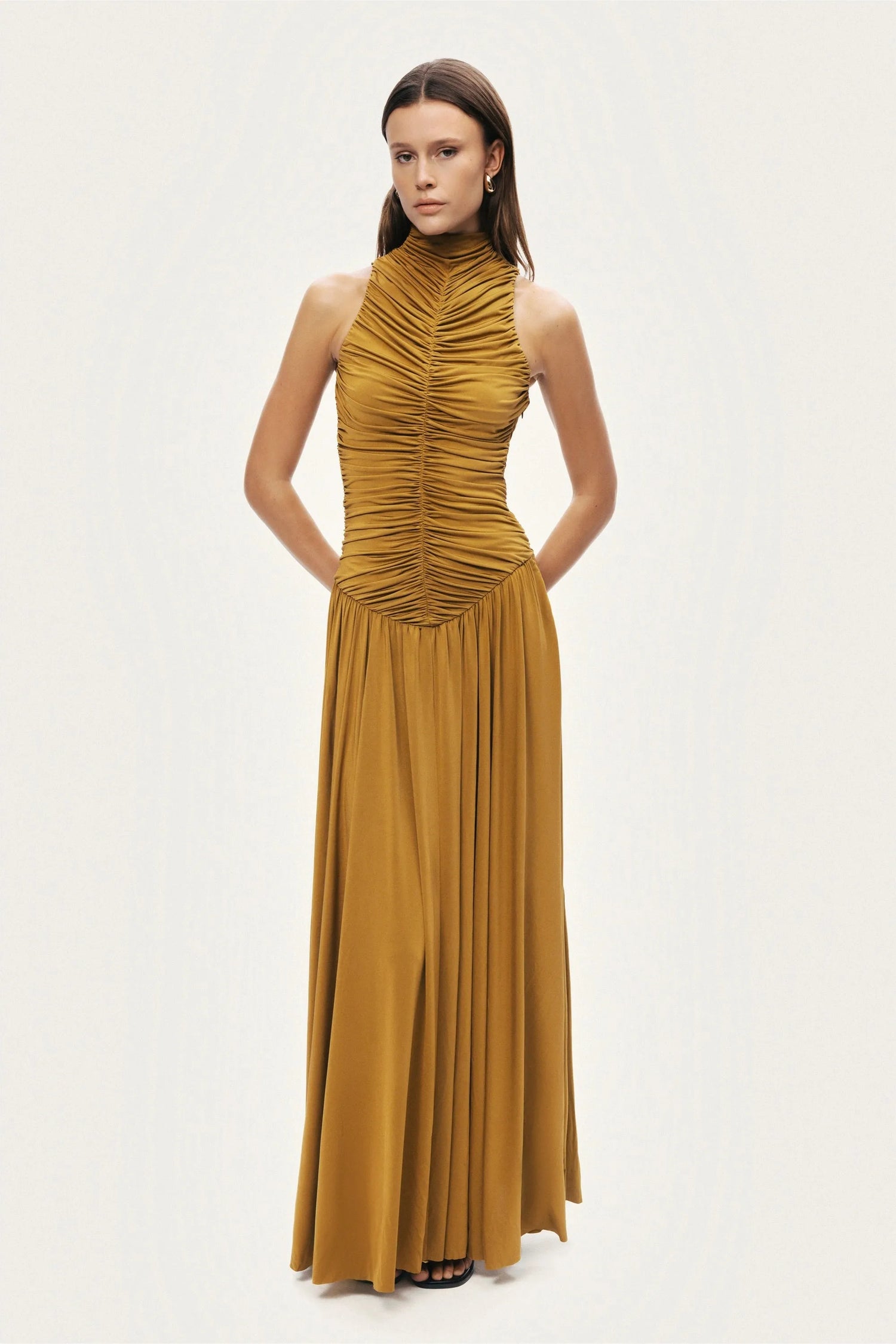 Nocturne Tan Women Ruched High-Neck Maxi Dress SKU: N26YN2775_0058 Image 03