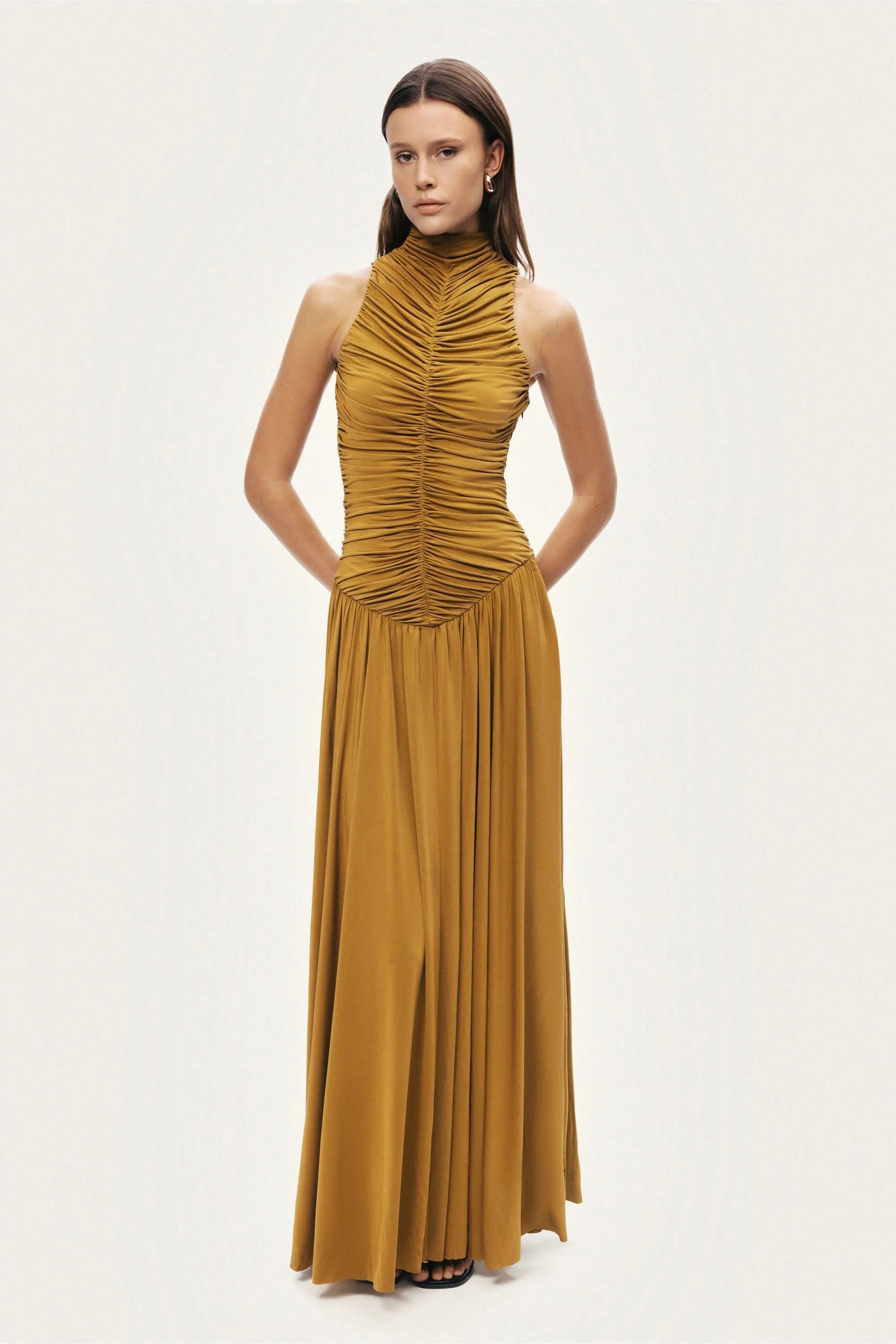 Nocturne Tan Women Ruched High-Neck Maxi Dress SKU: N26YN2775_0058 Image 03