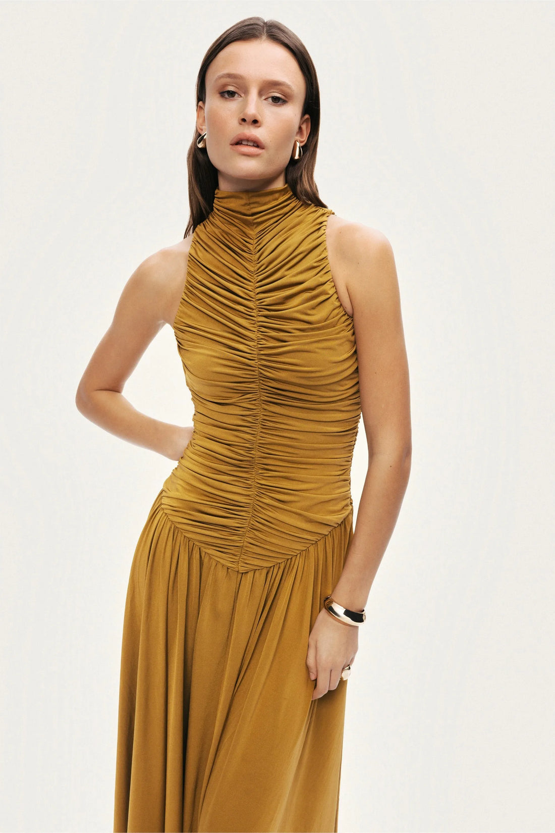 Nocturne Tan Women Ruched High-Neck Maxi Dress SKU: N26YN2775_0058 Image 05