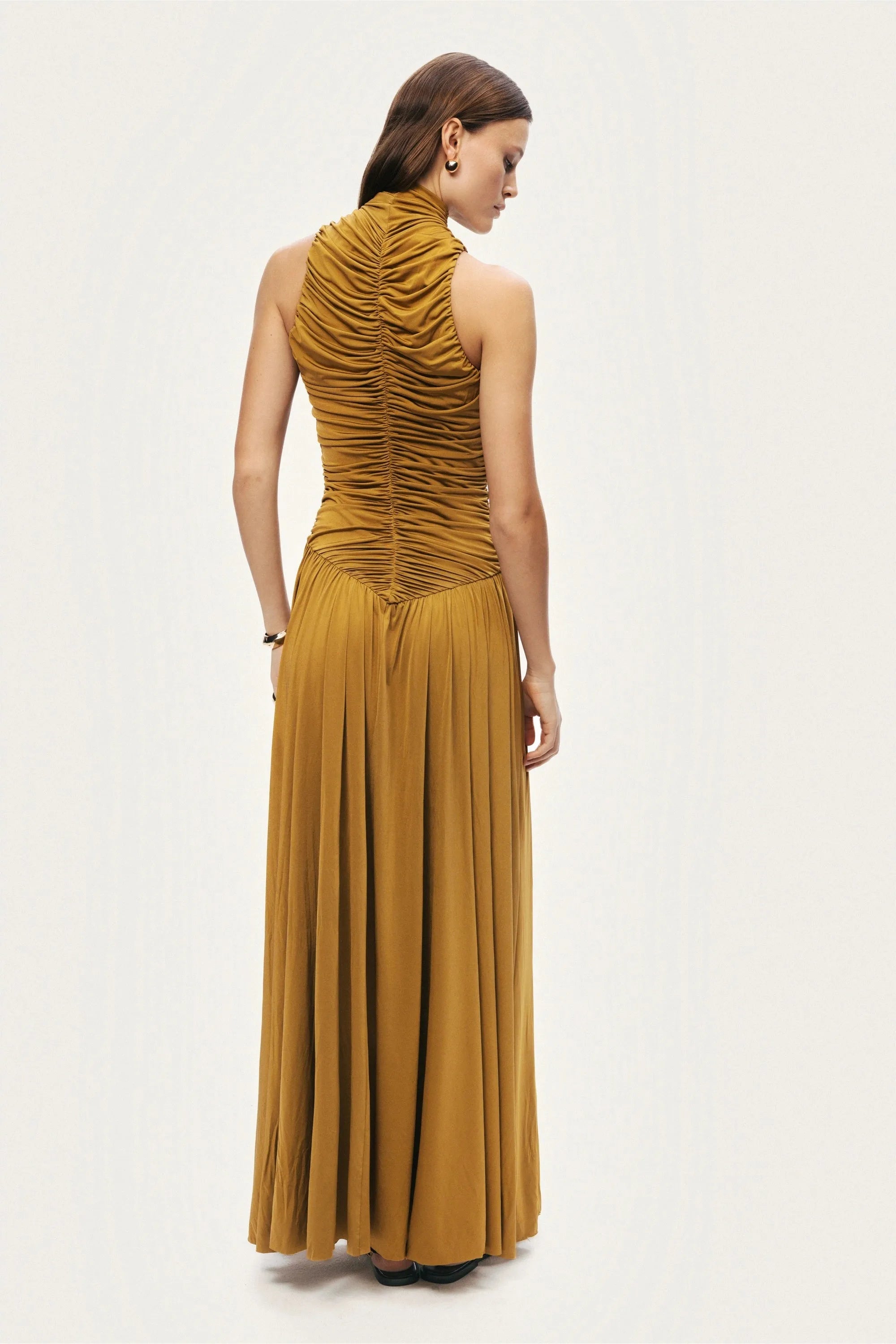 Nocturne Tan Women Ruched High-Neck Maxi Dress SKU: N26YN2775_0058 Image 06
