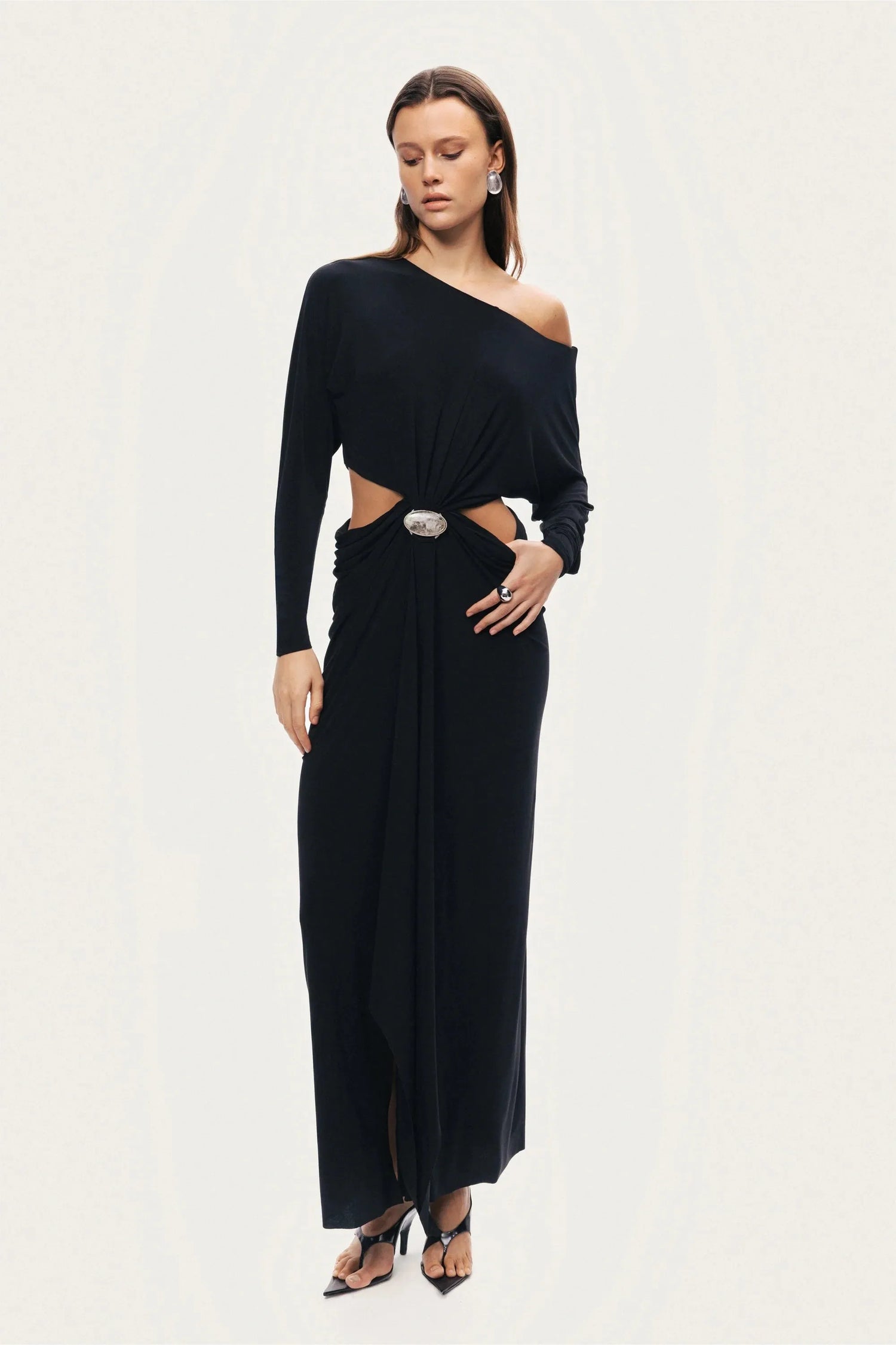 Nocturne Black Women One-Shoulder Cut-Out Maxi Dress SKU: N26YN2779_0002 Image 03