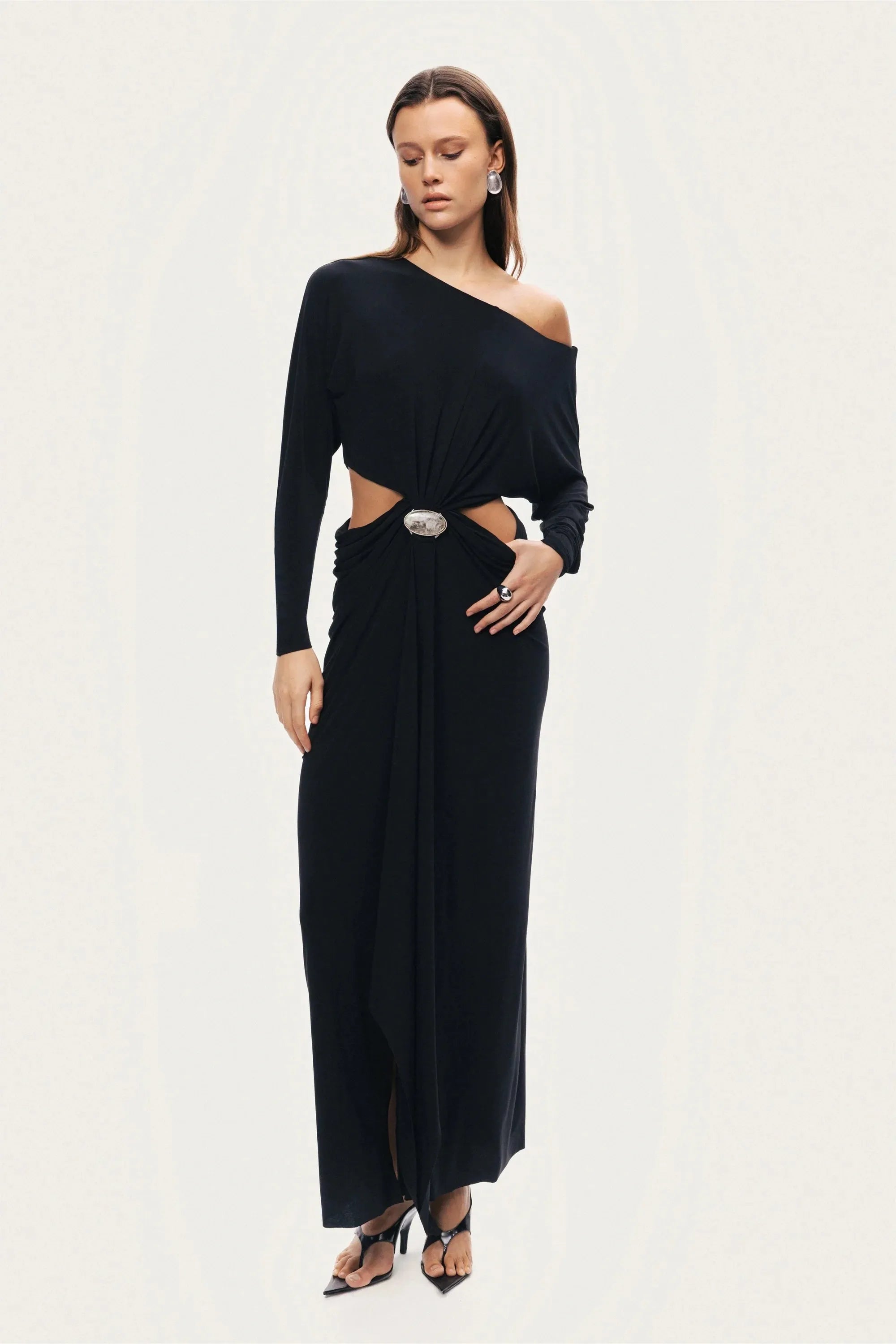 Nocturne Black Women One-Shoulder Cut-Out Maxi Dress SKU: N26YN2779_0002 Image 03