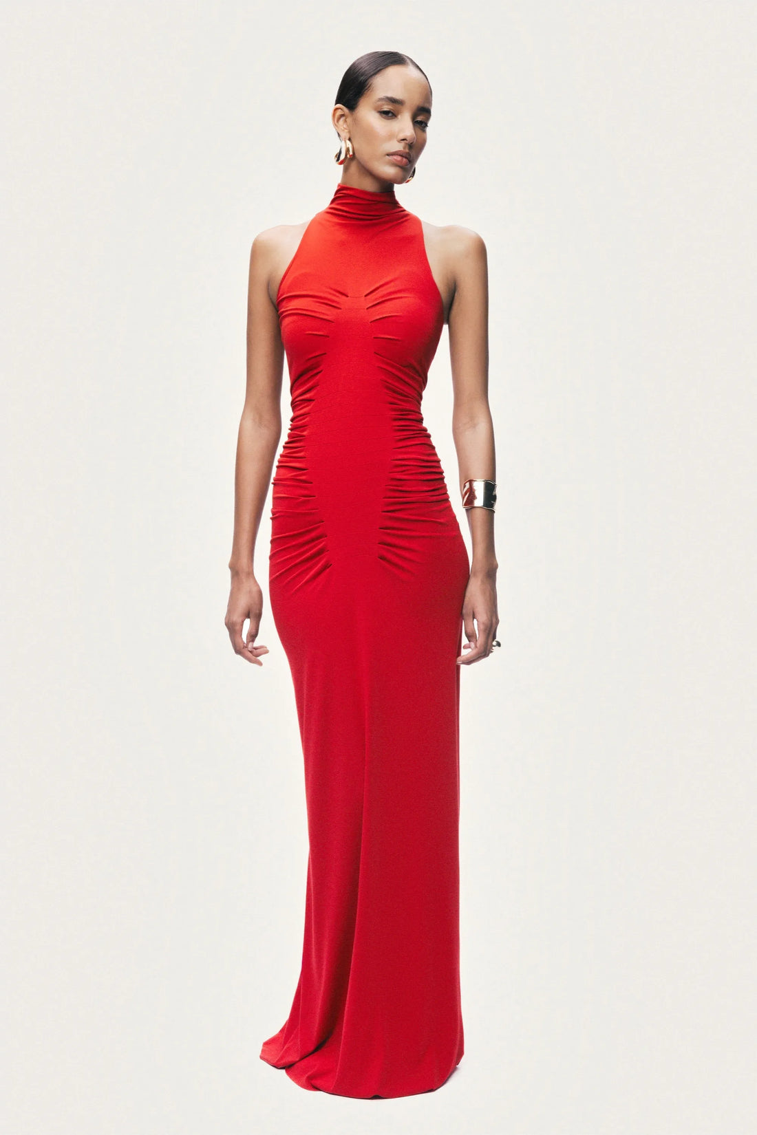 Nocturne Red Women Red Ruched High-Neck Maxi Dress SKU: N26YN2782_0003 Image 02