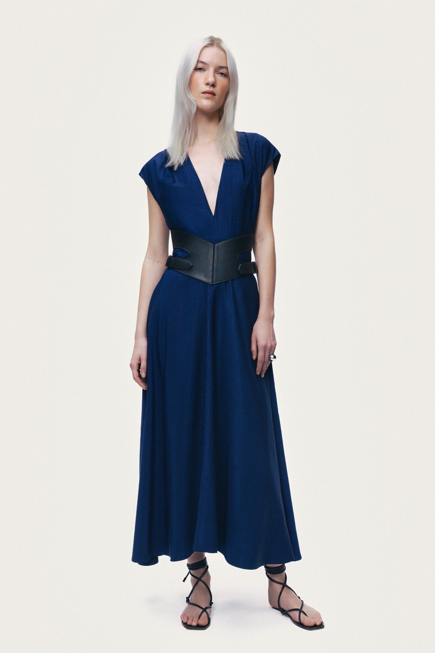 V-Neck Belted Midi Dress