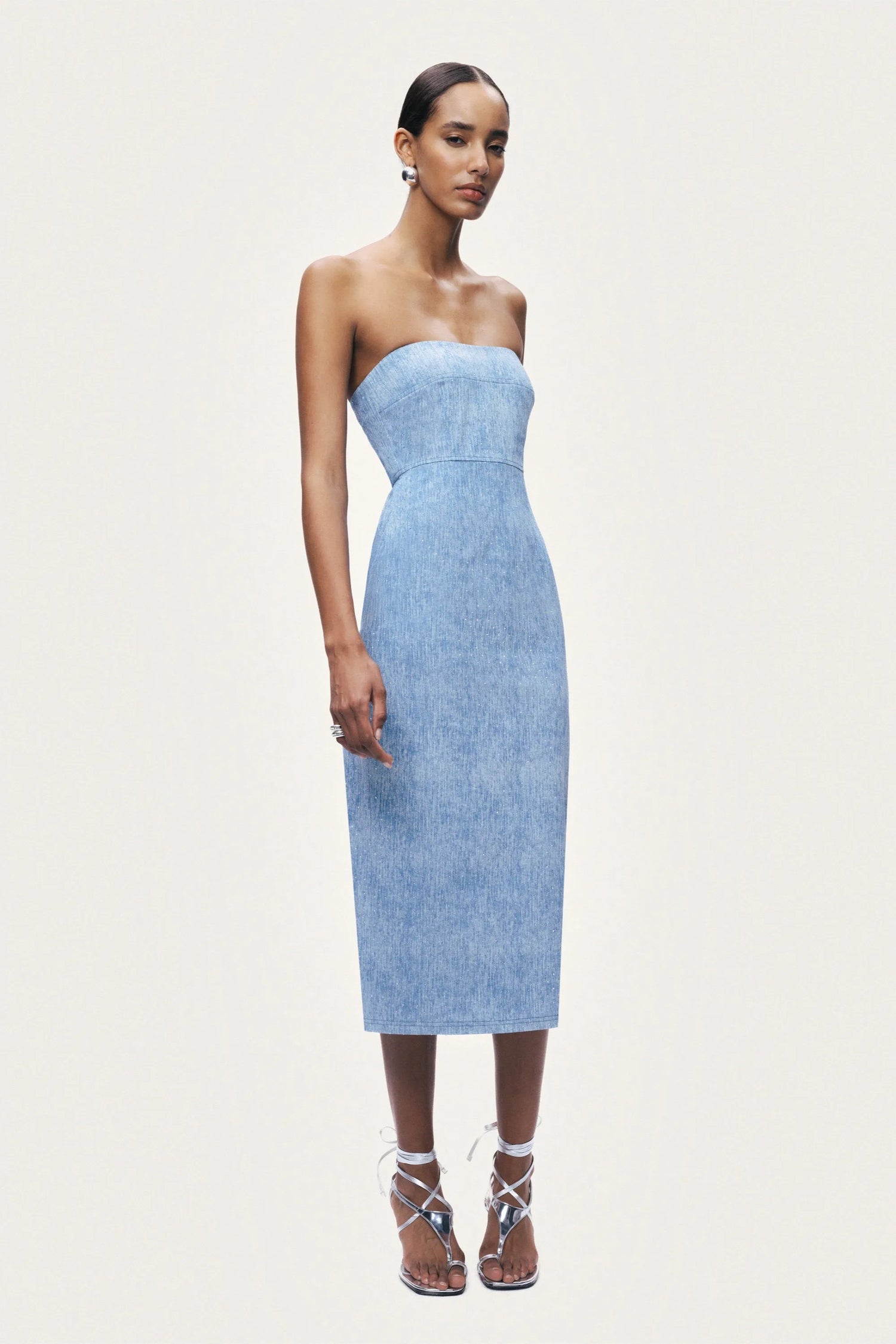 Nocturne Blue Women Stone Detail Strapless Midi Dress SKU: N26YN2806_0011 Image 03