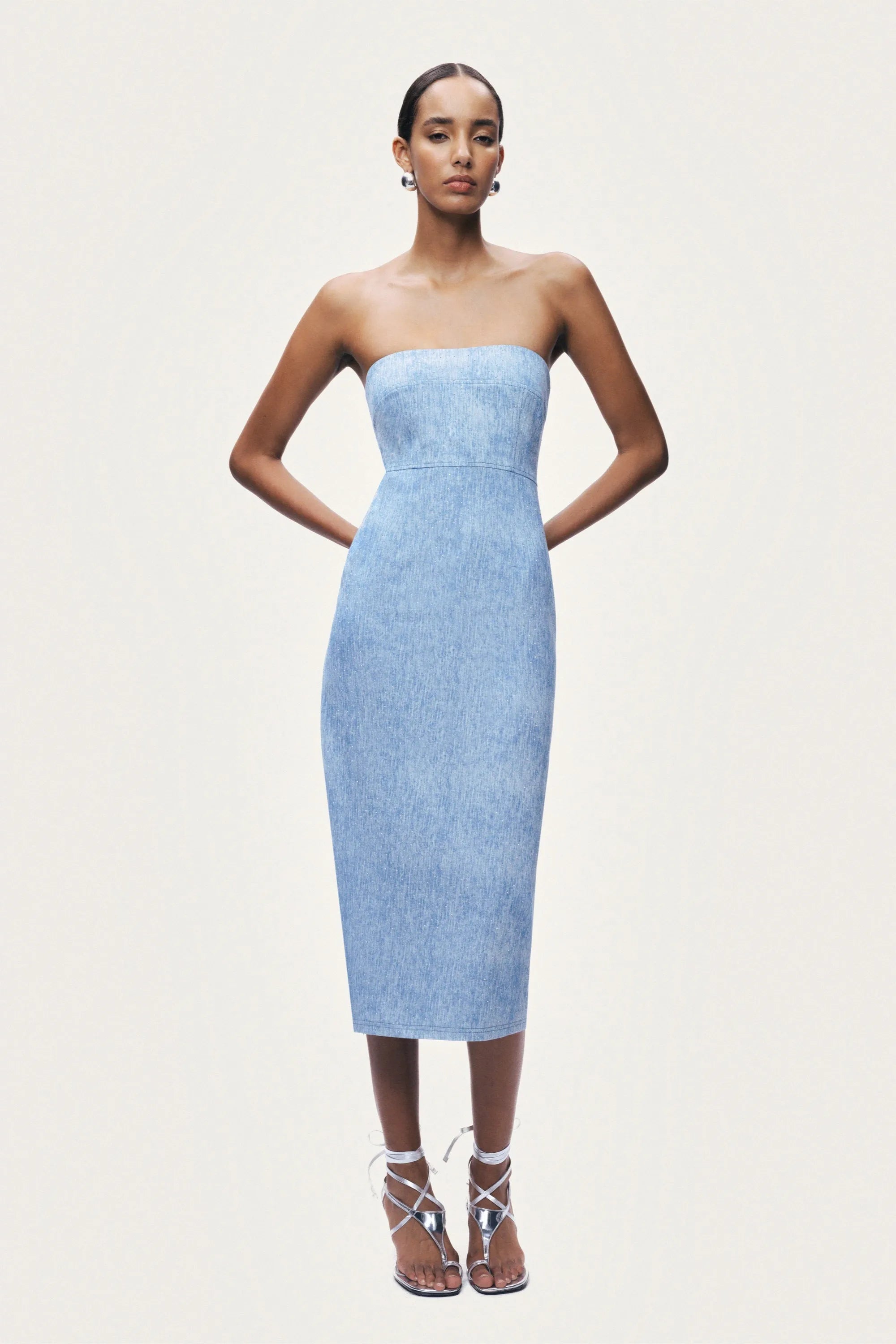 Nocturne Blue Women Stone Detail Strapless Midi Dress SKU: N26YN2806_0011 Image 04