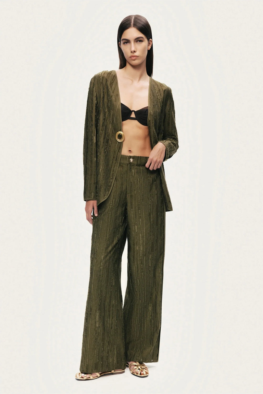 Nocturne Khaki Women Textured Wide-Leg Pants SKU: N26YN3488_0010 Image 03