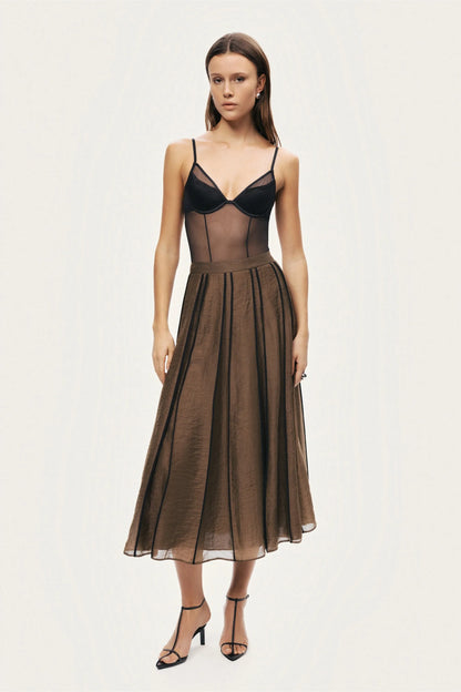 Nocturne Camel Women Sheer Pleated Midi Skirt SKU: N26YN4258_0053 Image 02