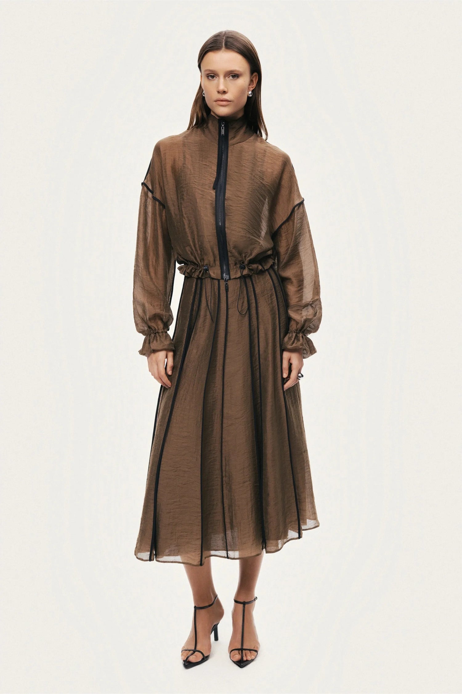 Nocturne Camel Women Sheer Pleated Midi Skirt SKU: N26YN4258_0053 Image 03