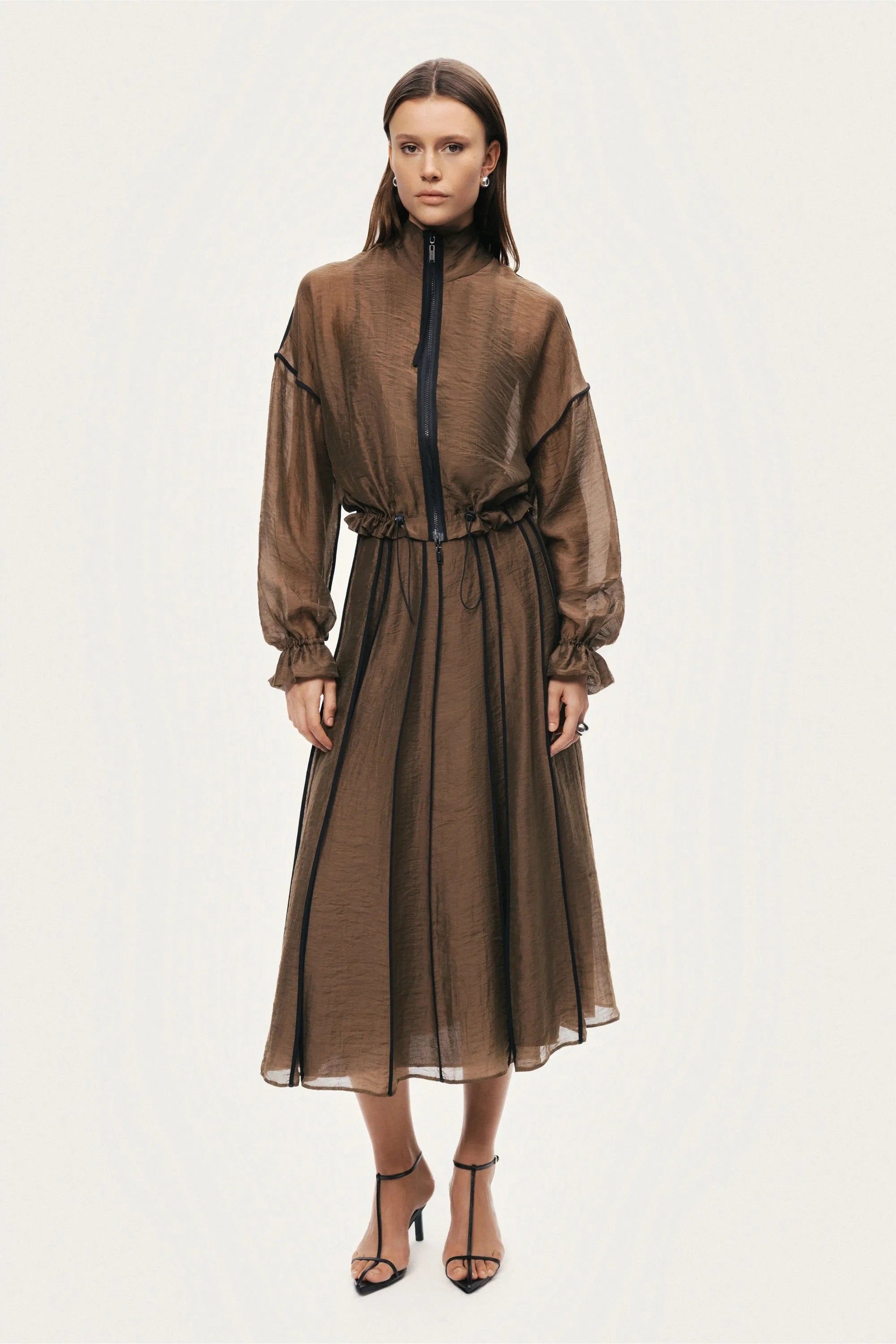Nocturne Camel Women Sheer Pleated Midi Skirt SKU: N26YN4258_0053 Image 03
