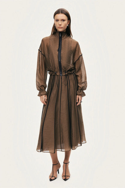 Nocturne Camel Women Sheer Pleated Midi Skirt SKU: N26YN4258_0053 Image 03