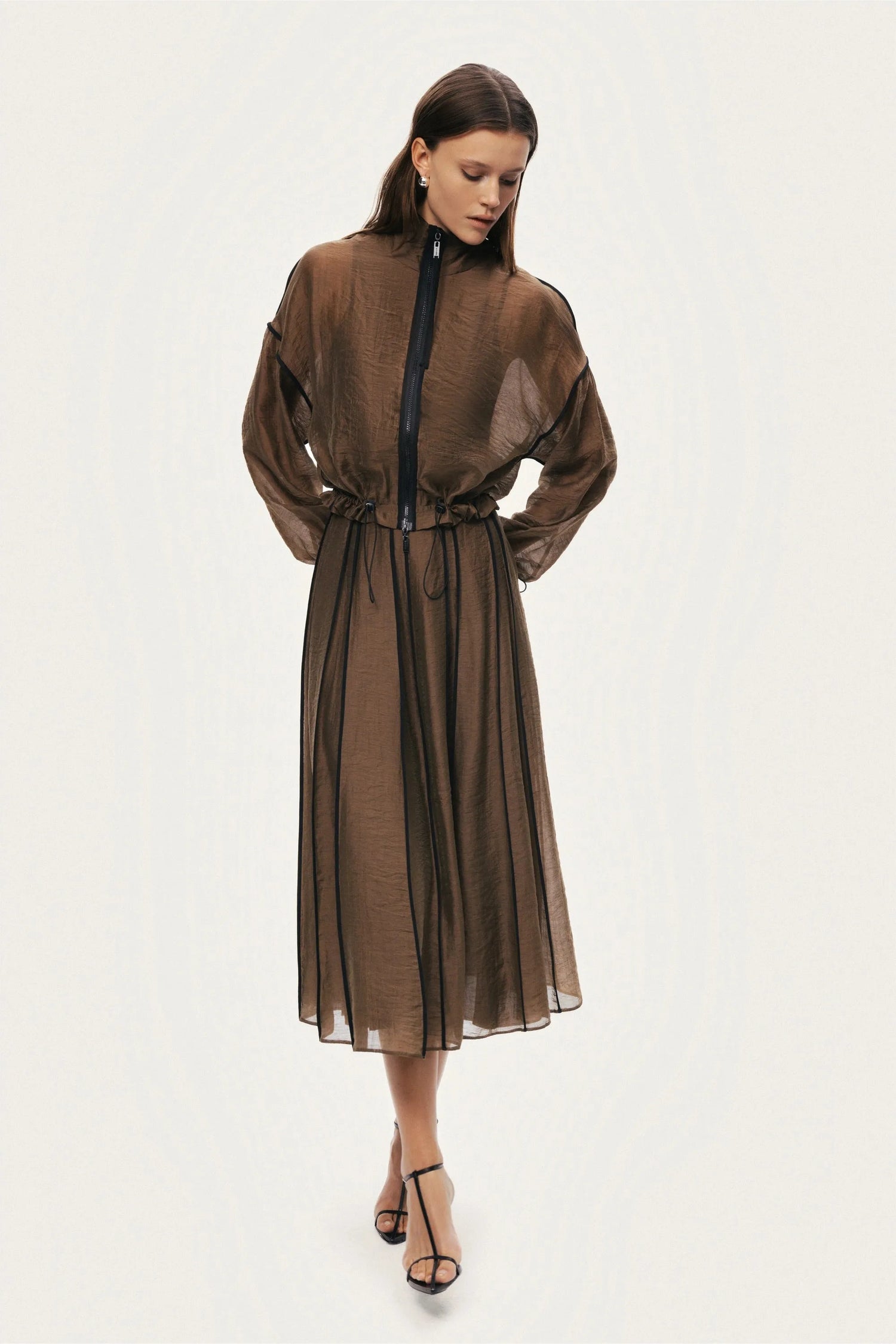 Nocturne Camel Women Sheer Pleated Midi Skirt SKU: N26YN4258_0053 Image 05