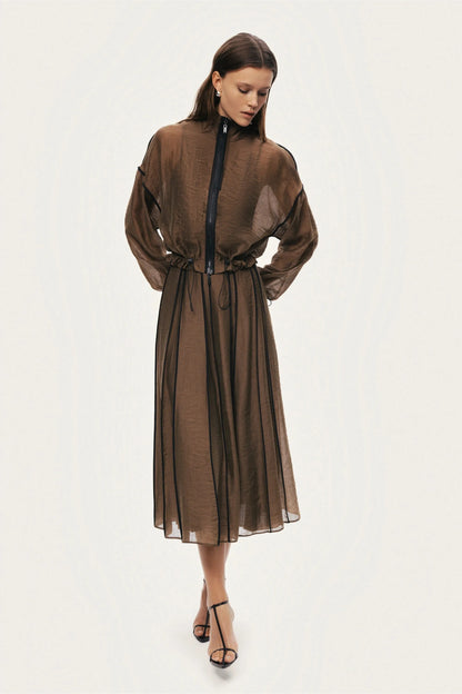 Nocturne Camel Women Sheer Pleated Midi Skirt SKU: N26YN4258_0053 Image 05