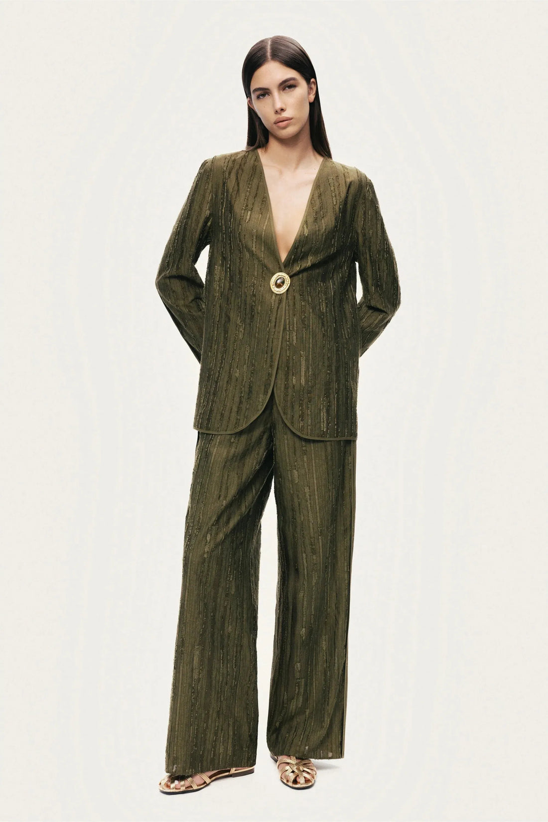 Nocturne Khaki Women Textured Tailored Jacket SKU: N26YN5365_0010 Image 03