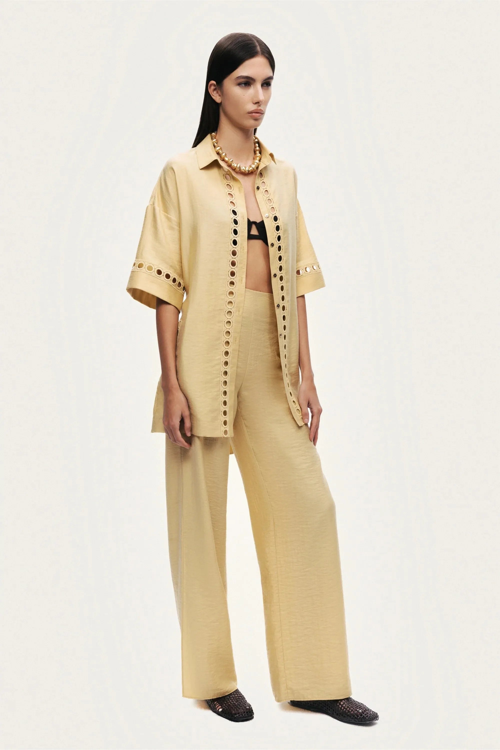 Nocturne Yellow Women Belted Eyelet Detail Short-Sleeve Jacket SKU: N26YN5366_0013 Image 03