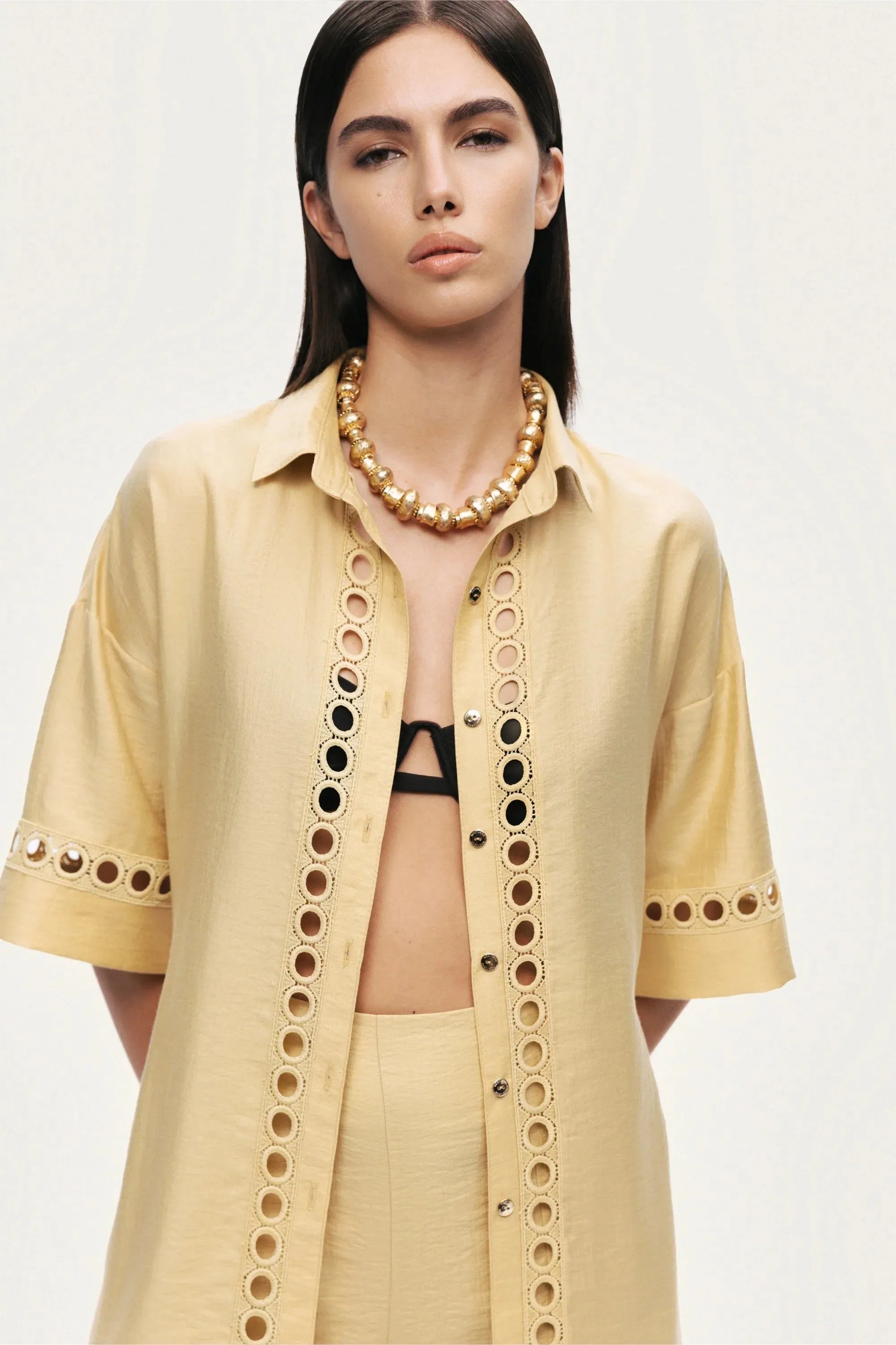 Nocturne Yellow Women Belted Eyelet Detail Short-Sleeve Jacket SKU: N26YN5366_0013 Image 06