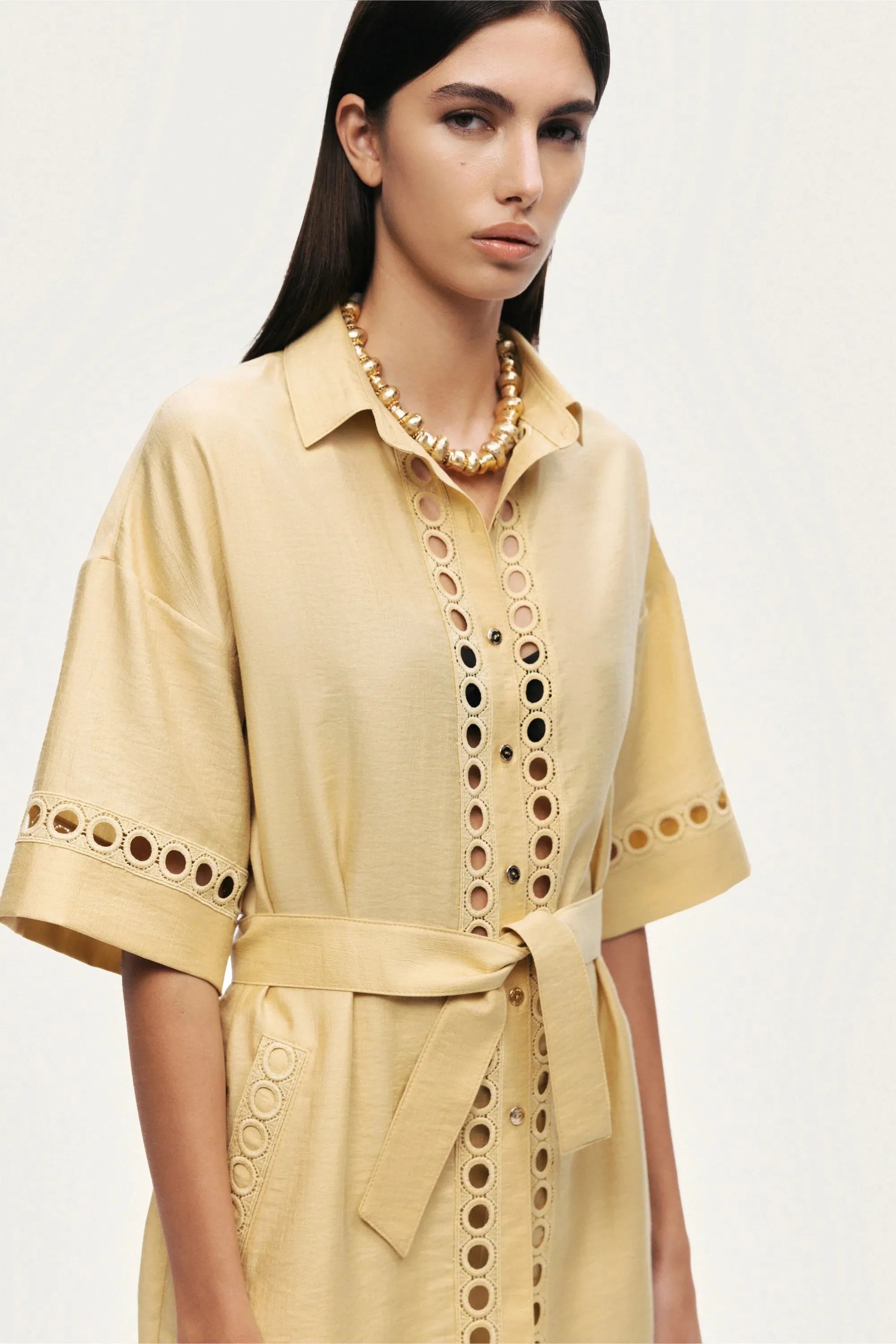 Nocturne Yellow Women Belted Eyelet Detail Short-Sleeve Jacket SKU: N26YN5366_0013 Image 09